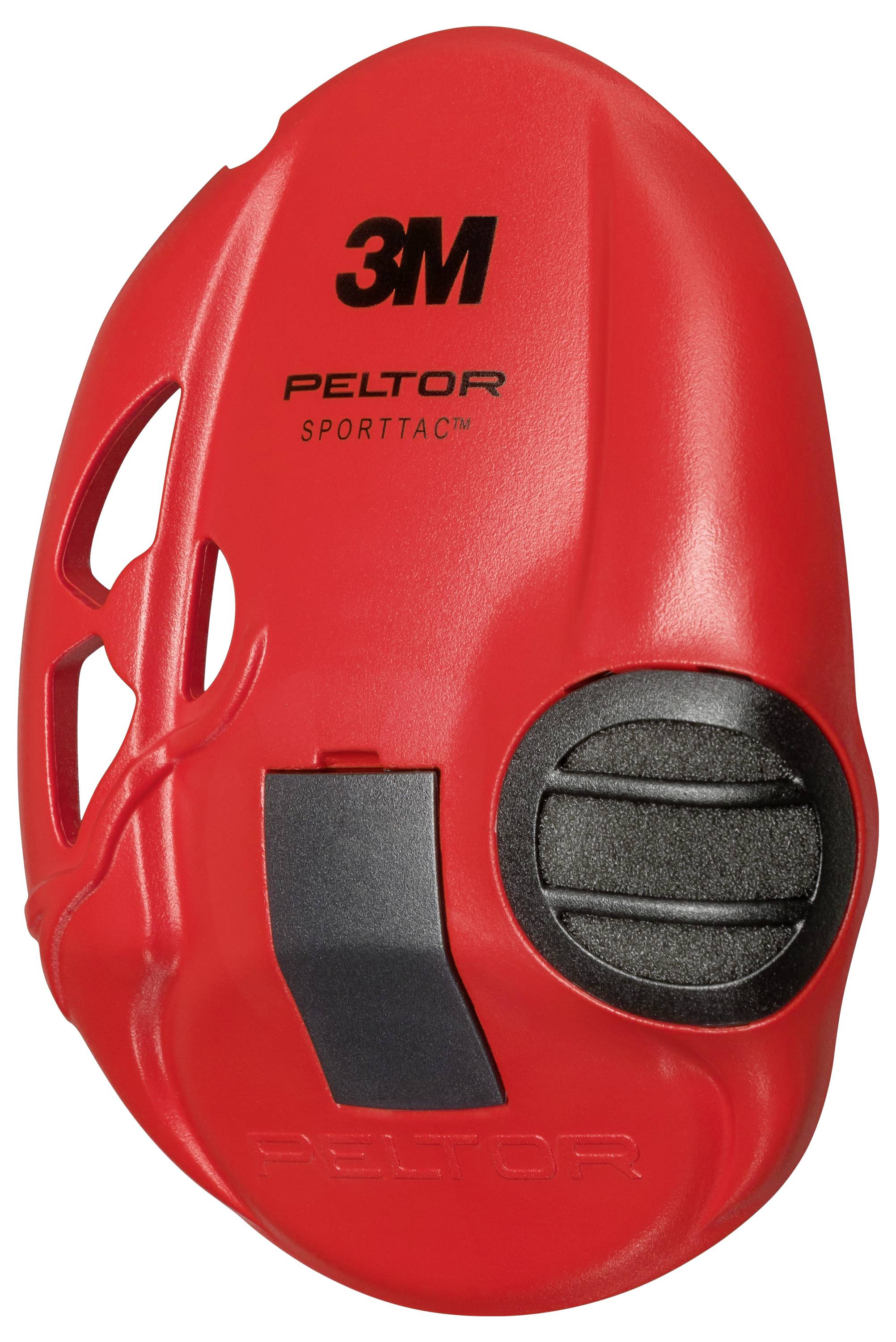 Röd 3M Peltor SportTac hörselvårdare öronkåpa med svart kontrolväljare och huvudbandsklämmöppning.