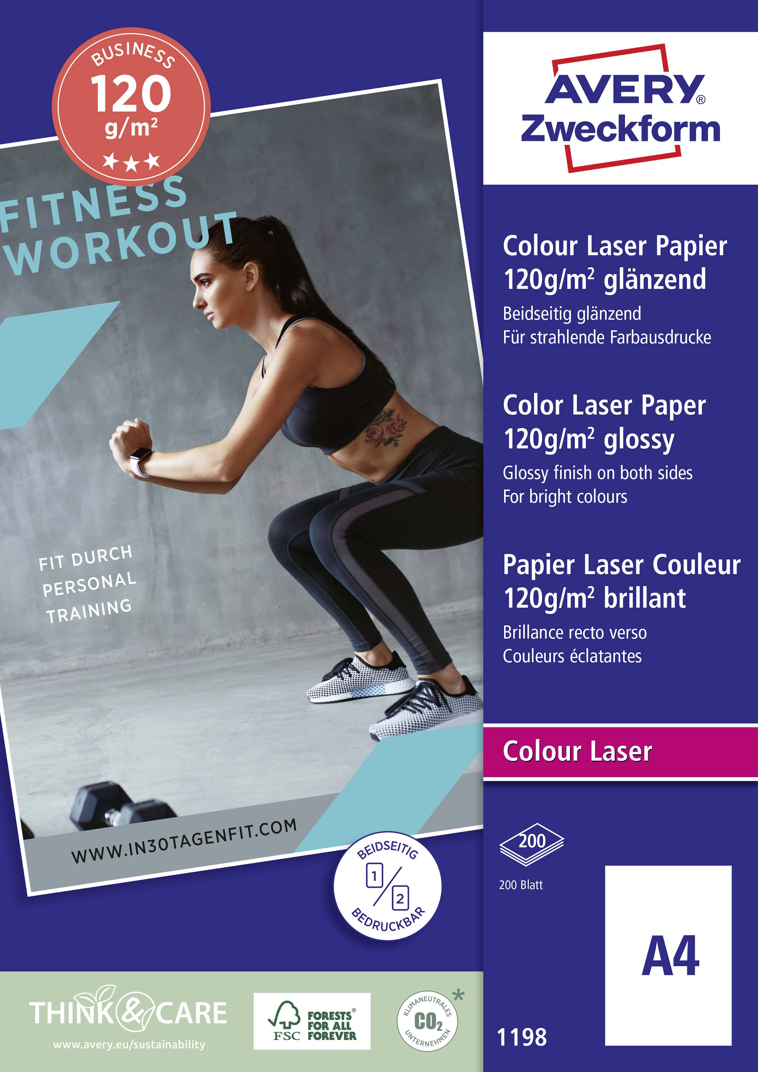 Kvinna i träningskläder under träning. Text på svenska: 'FITNESS TRÄNING' och 'FIT GENOM PERSONLIG TRÄNING'. Avery Zweckform förpackning för blankt laserpapper, 120 g/m².