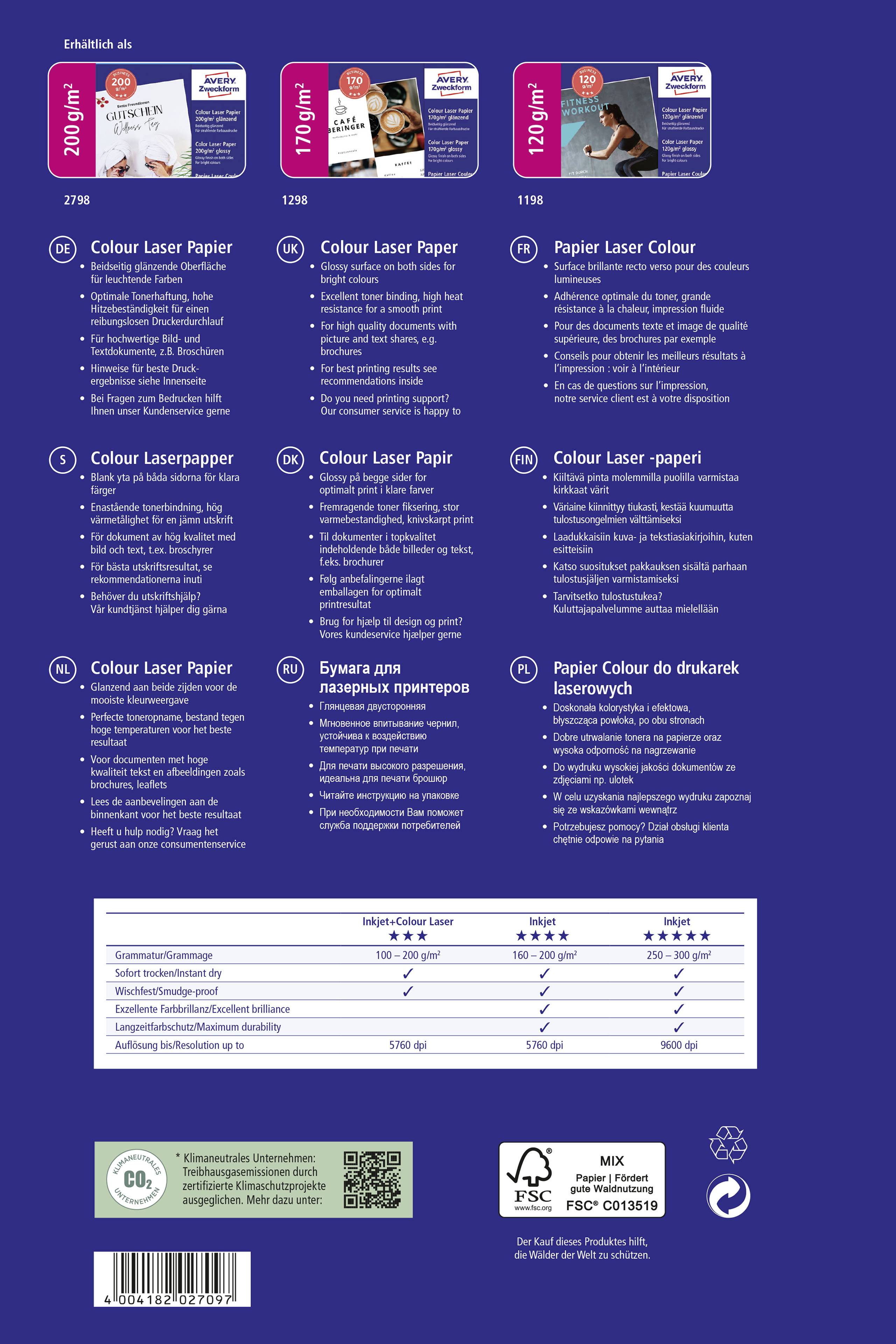 Reklamblad för färglaserpapper med detaljer om vikt, format och priser. Specifikationstabell längst ned på sidan.