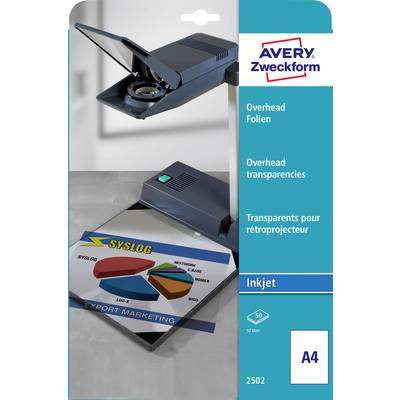 Avery Zweckform A4 inkjet-overheadtransparenser paket som visar en transparensfilm i användning med en överheadprojektor och utskrivna exempelark.