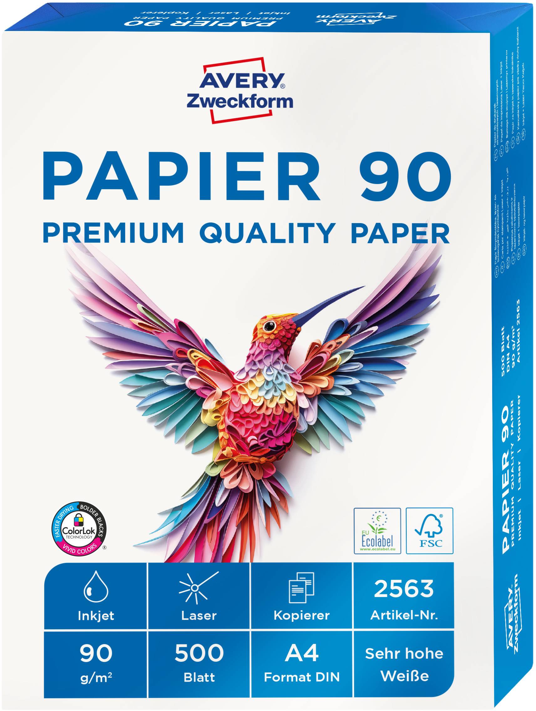 Avery Zweckform PAPER 90 premiumkvalitets A4-skrivarpapper i låda med en färgglad kolibridesign, märkt 90 g/m², 500 ark, artikelnummer 2563, mycket högt vitningsindex.