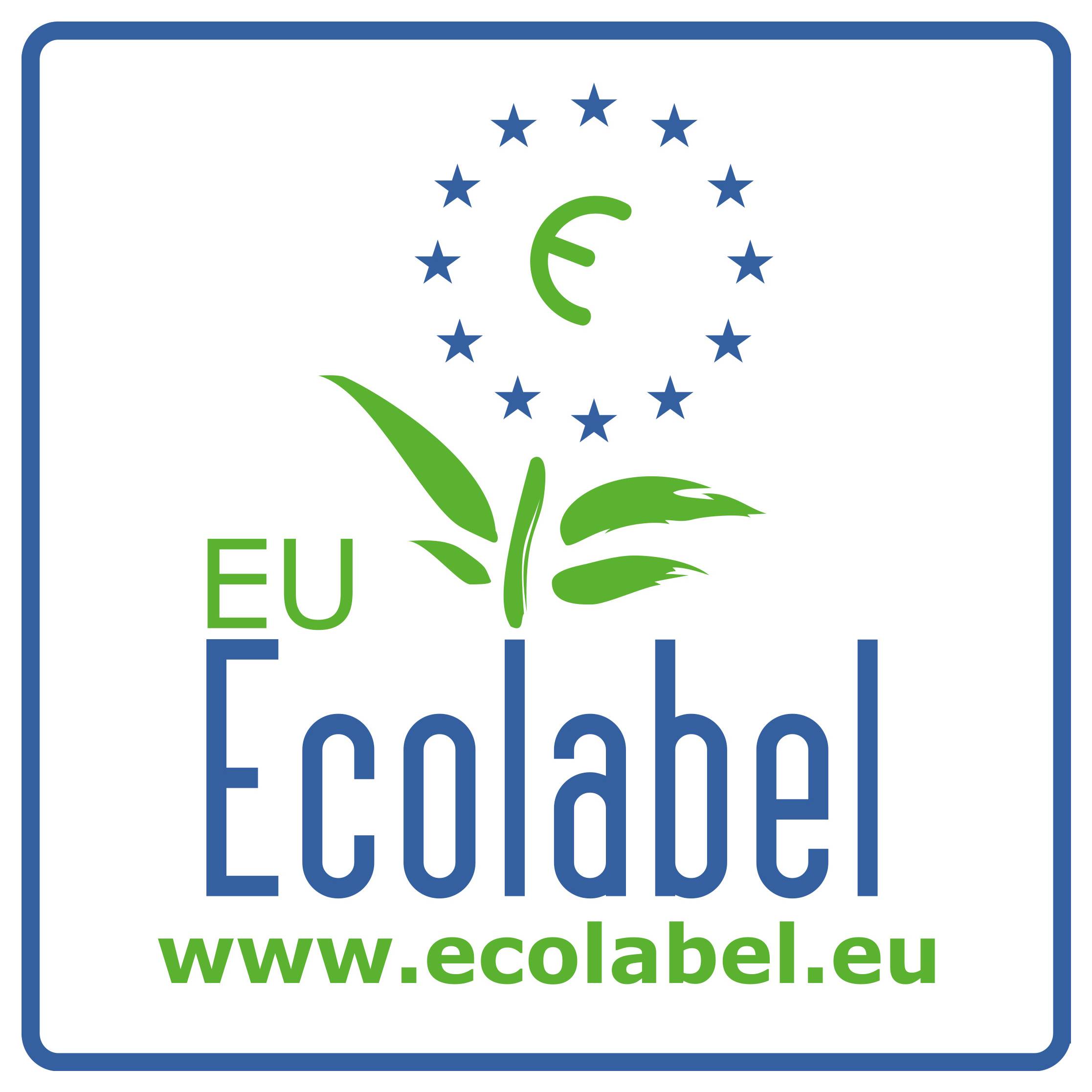 EU-Ecolabel-logotyp med grönt blad och stjärnkrets, under vilket finns 'www.ecolabel.eu'.