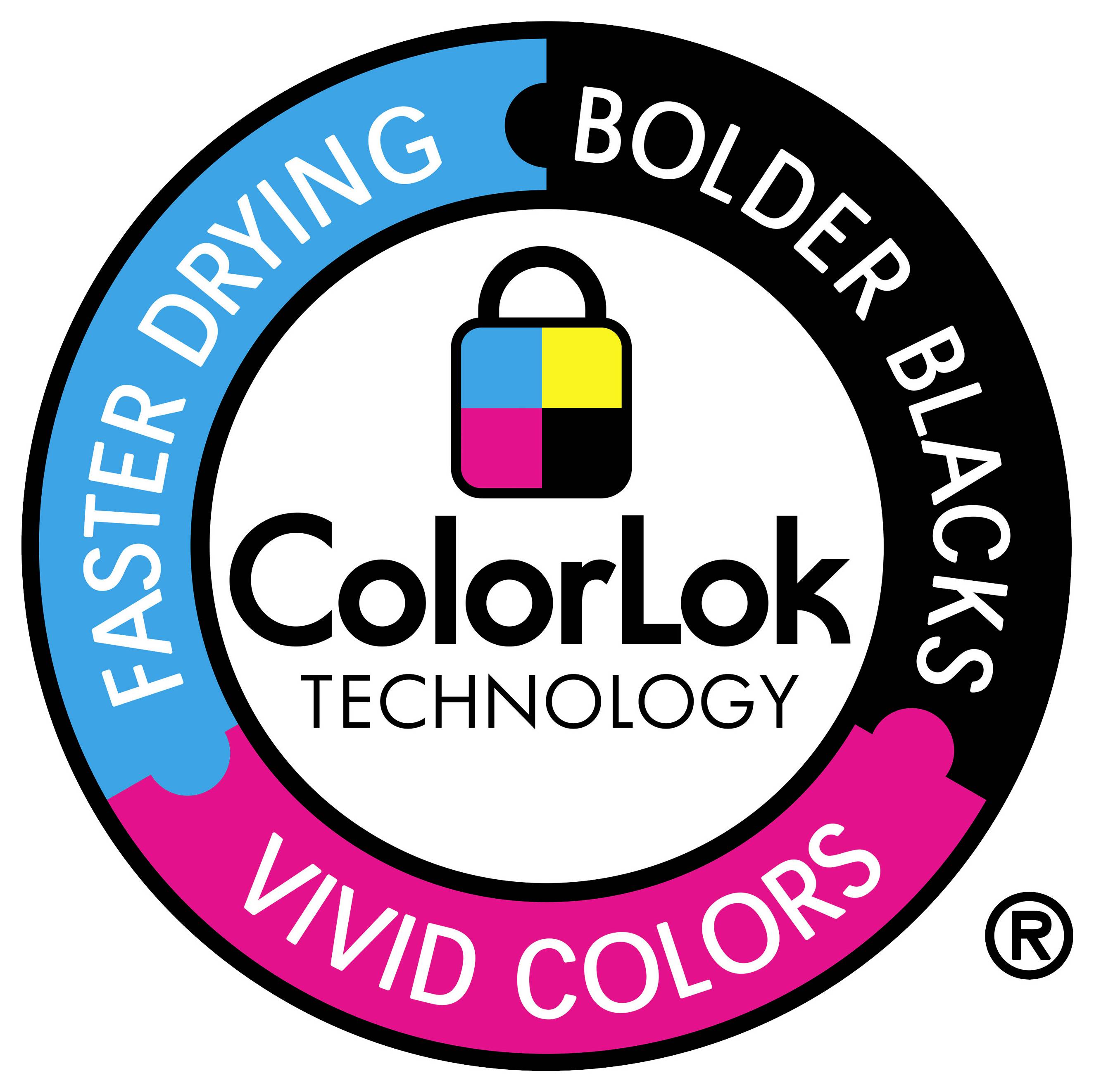 Logo från ColorLok Technology med låssymbol och ringtext "FASTER DRYING", "BOLDER BLACKS" och "VIVID COLORS".