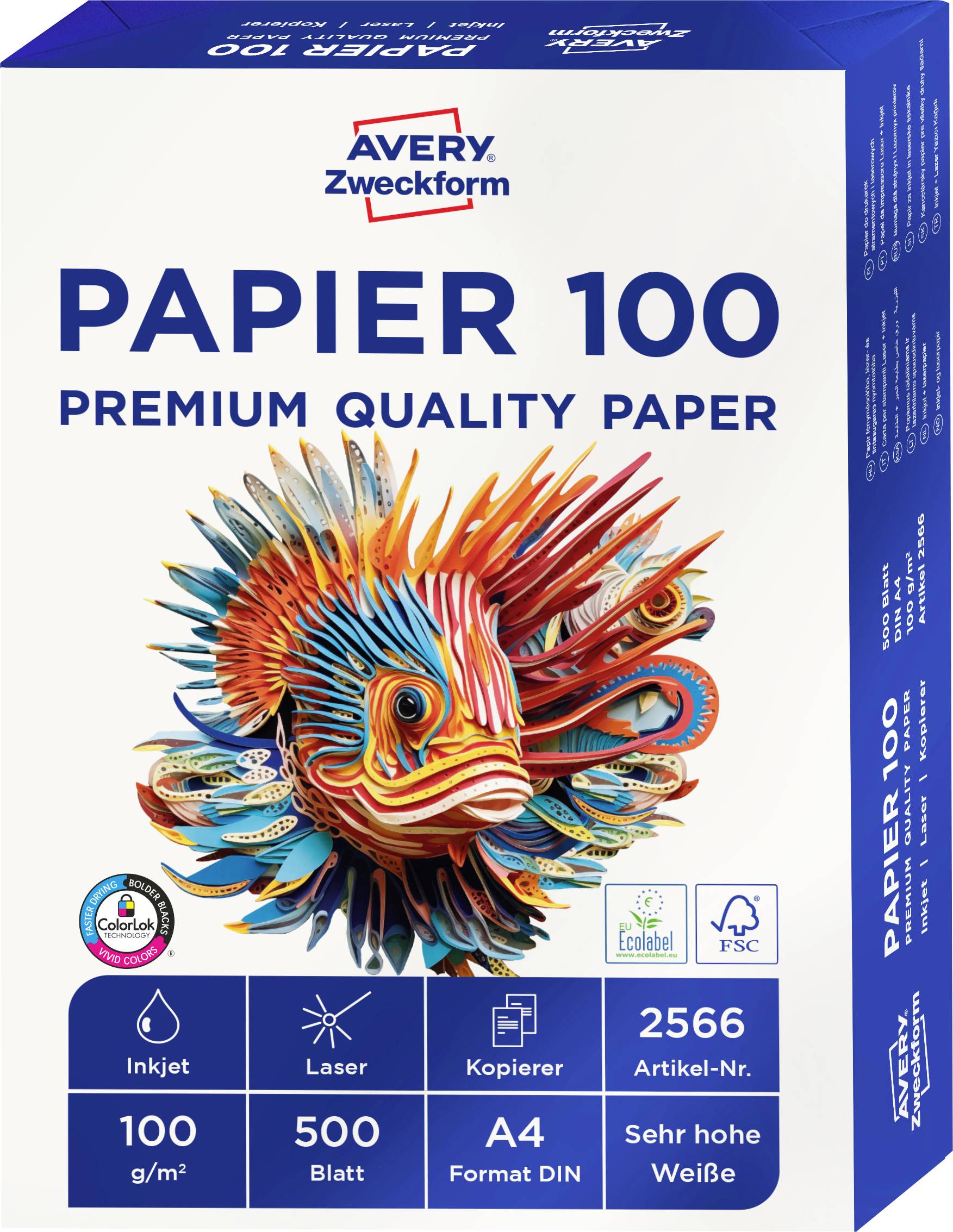 Avery Zweckform 'PAPIER 100' premiumkvalitetspapperspaket med färgglad fiskillustration och egenskaper: bläckstrål, laser, kopieringsapparat, A4, 100 g/m², 500 ark, 2566 vithet.