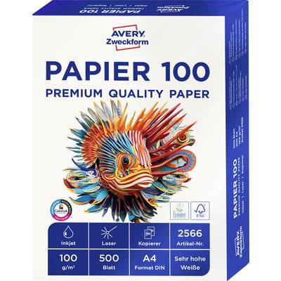 Avery Zweckform 'PAPIER 100' premiumkvalitetspapperspaket med färgglad fiskillustration och egenskaper: bläckstrål, laser, kopieringsapparat, A4, 100 g/m², 500 ark, 2566 vithet.