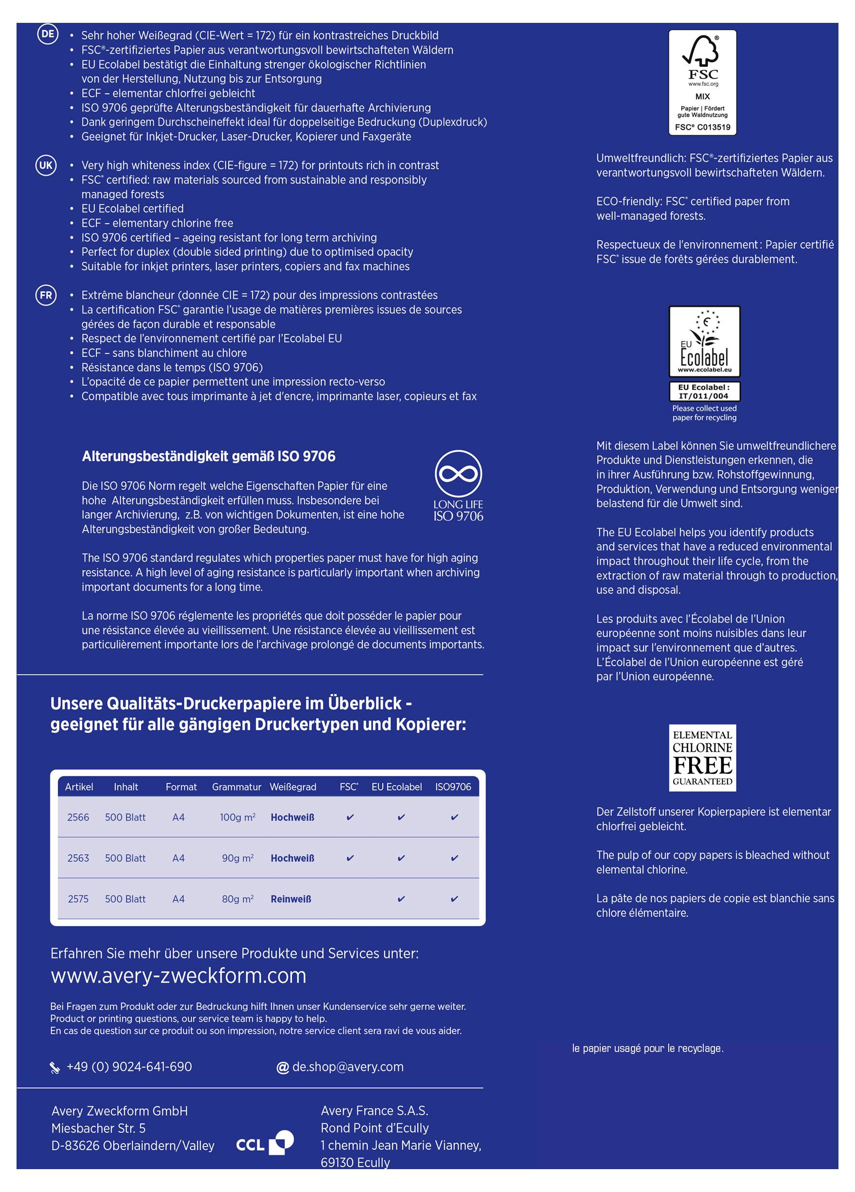 Produktbeskrivning för skrivarpapper: Egenskaper som hög vithet, FSC-certifiering, långvarig hållbarhet enligt ISO 9706 och miljövänlighet.