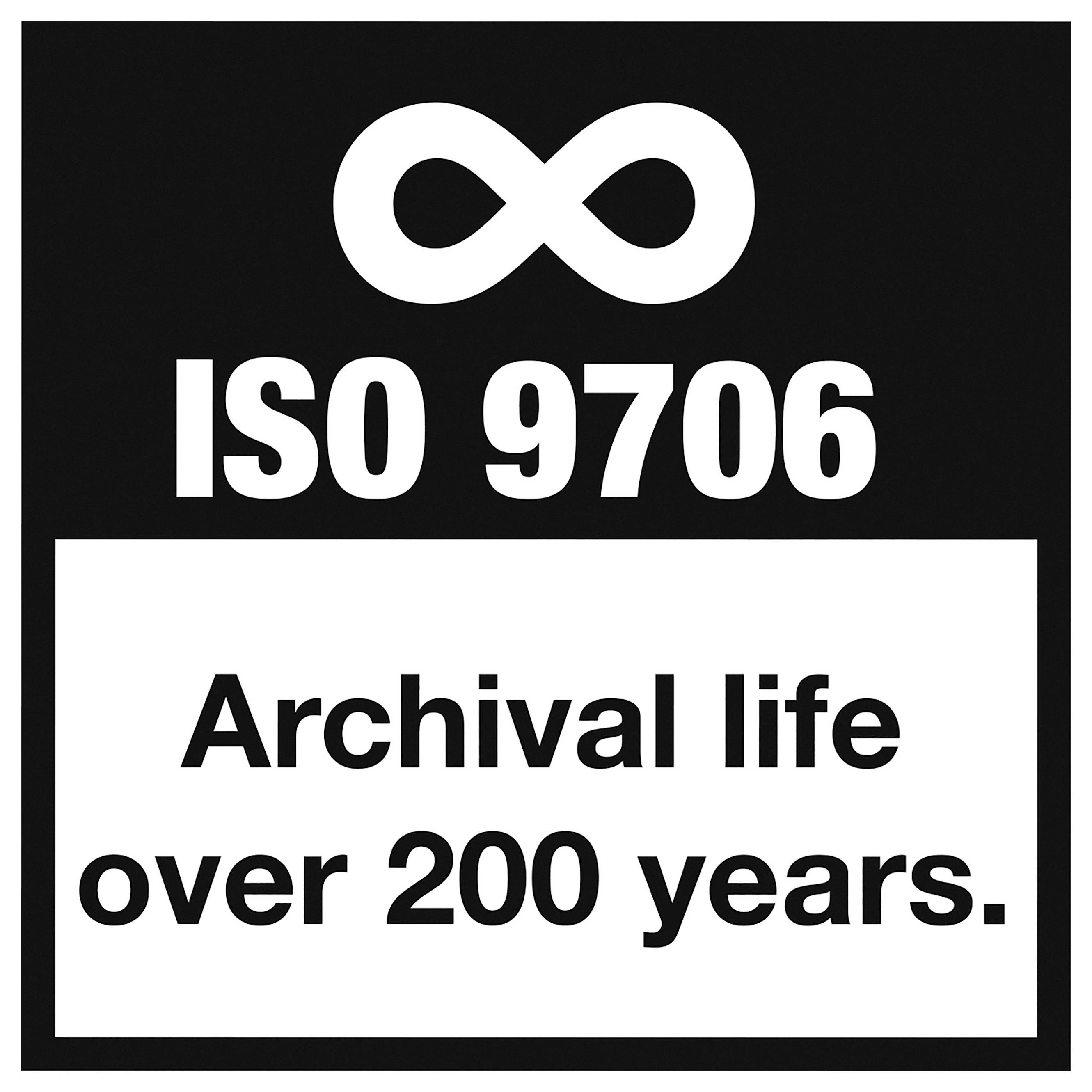 ISO 9706-symbol med text "Archival life over 200 years" på svart bakgrund, märker långlivat arkivpapper.