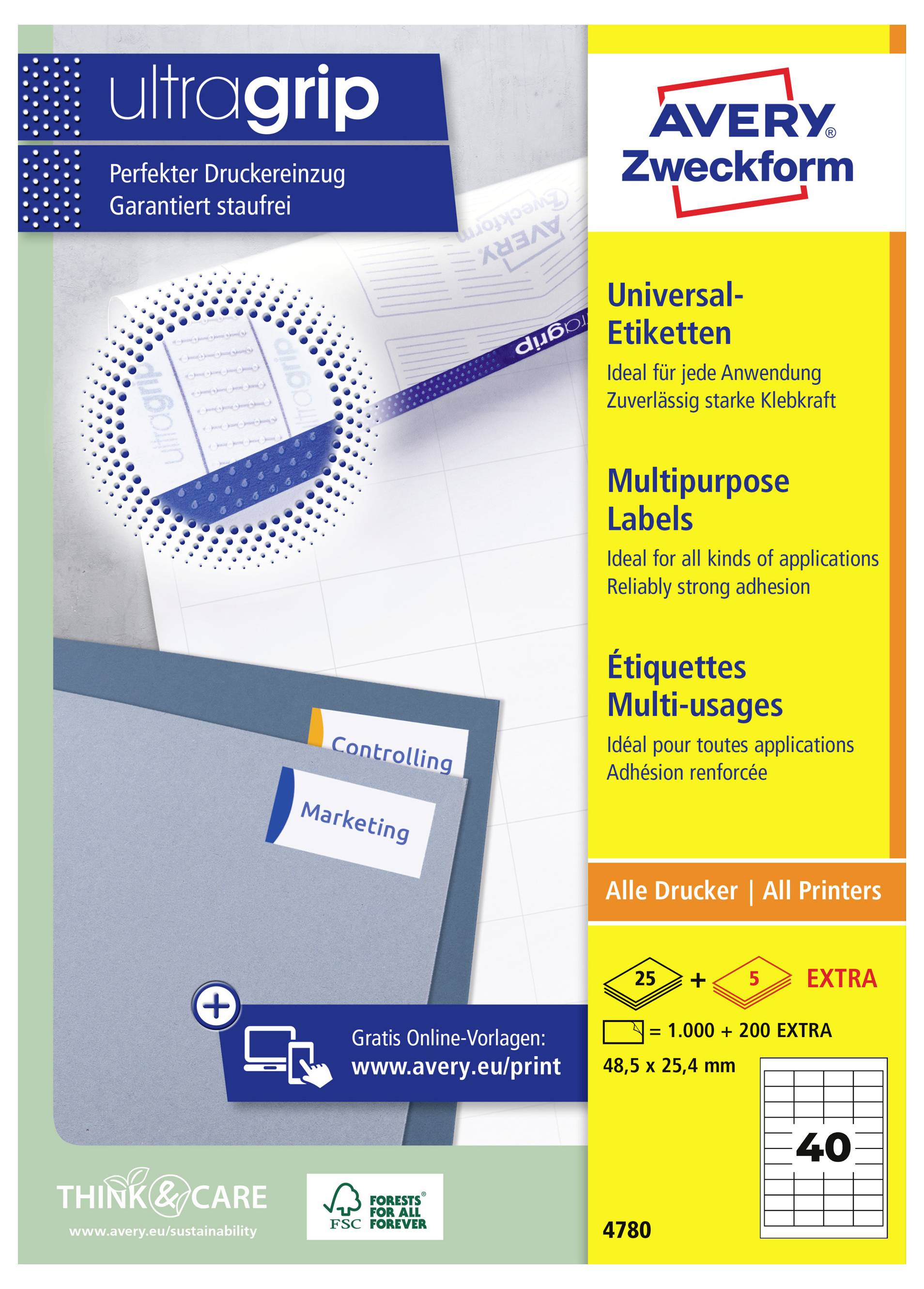 Förpackning för Avery Zweckform 'ultragrip' universella etiketter, som visar flerfunktionsetiketter med stark vidhäftning för alla skrivare med etikettsize 48,5 x 25,4 mm och produktnummer 4780.