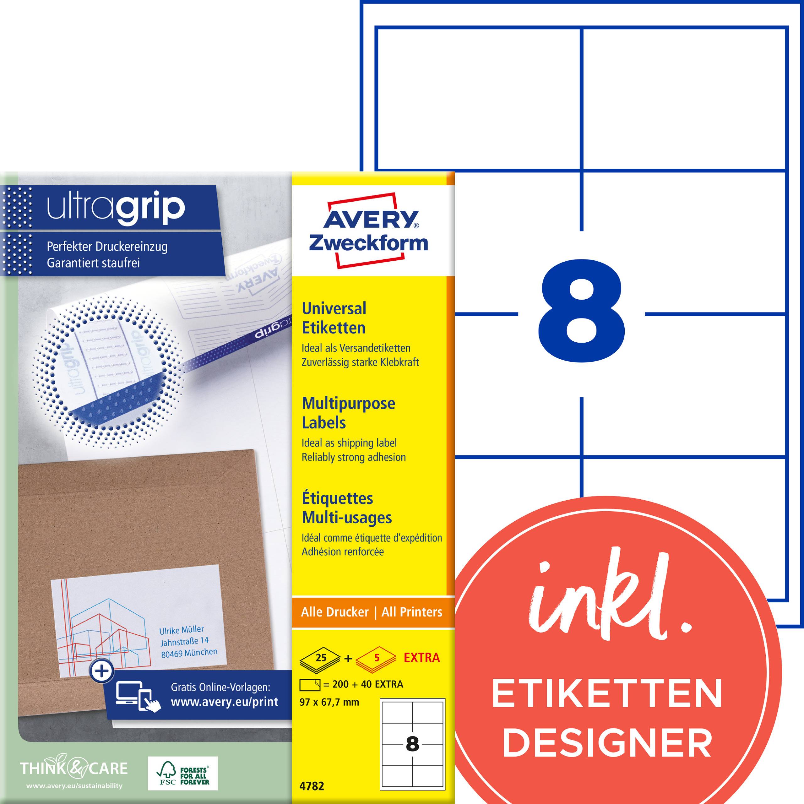 Avery Zweckform Ultragrip flerlänkspapper, storlek 97 x 67,7 mm, för alla skrivare, med 8 etiketter per ark och 'inkl. ETIKETTEN DESIGNER'.