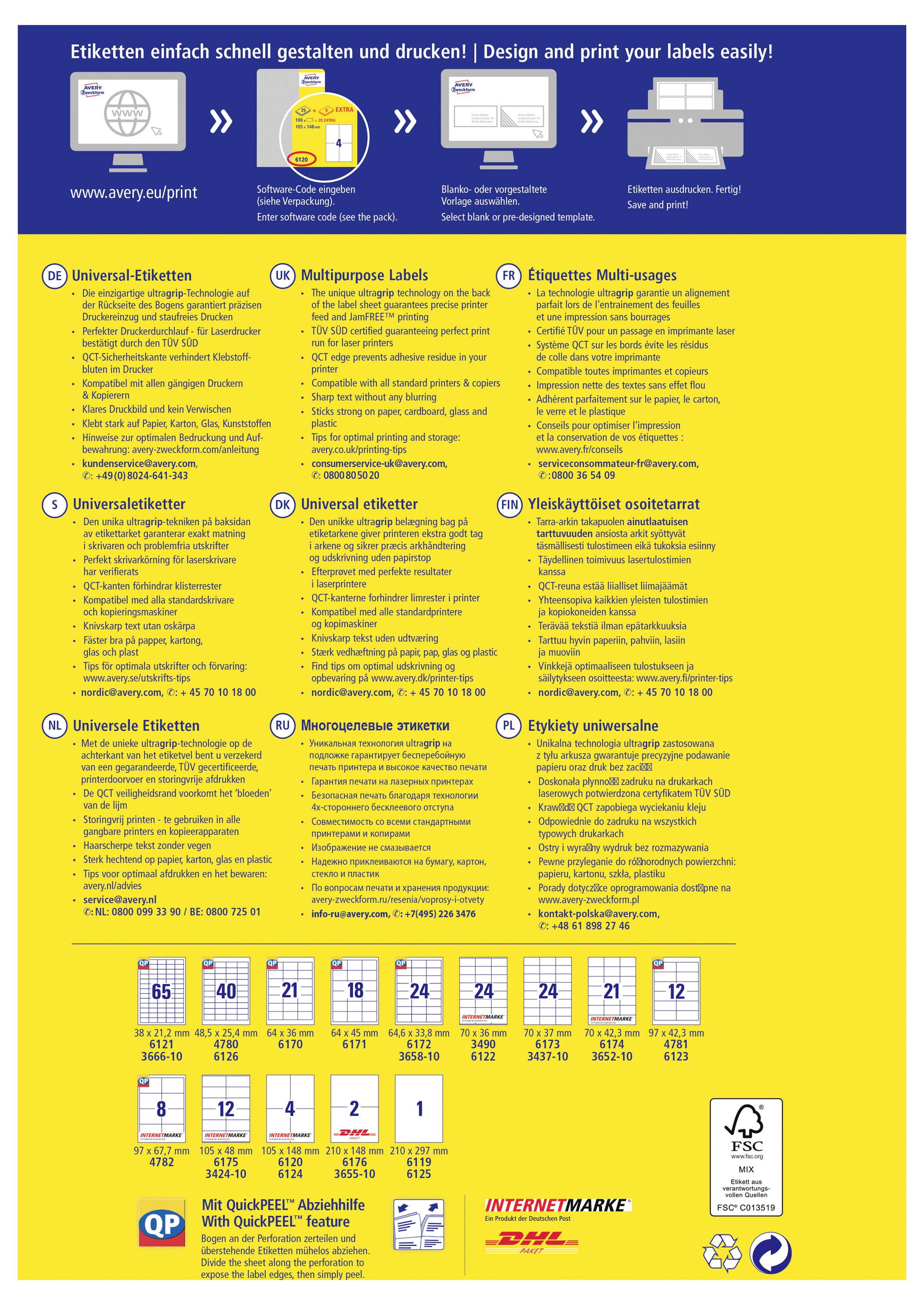 Avery-Zweckform 4782 Universaletiketter 97 x 67.7 mm Papper Vit 240 st Permanent Bläckstråleskrivare, Laser, Laser, färg-11
