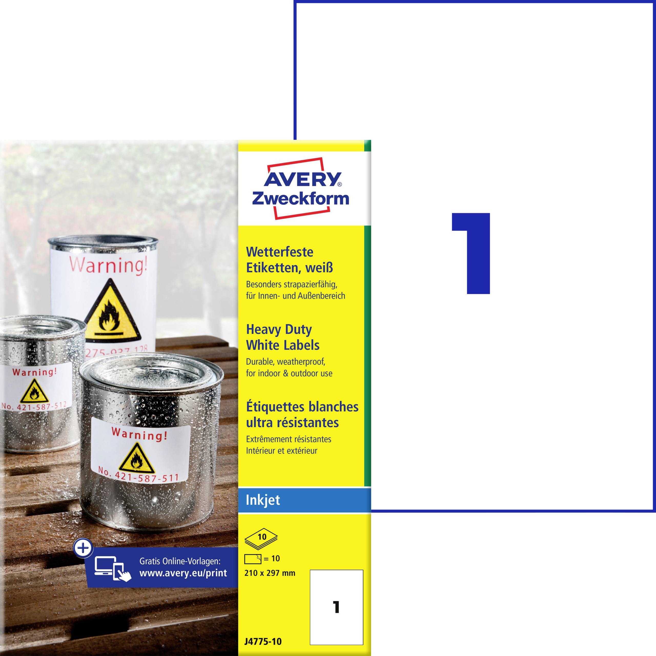 Avery Zweckform robust vit bläckstråleetikett förpackning, storlek 210 x 297 mm, med ett stort nummer 1 på arket och en produktfoto av varningsetiketter på burkar.