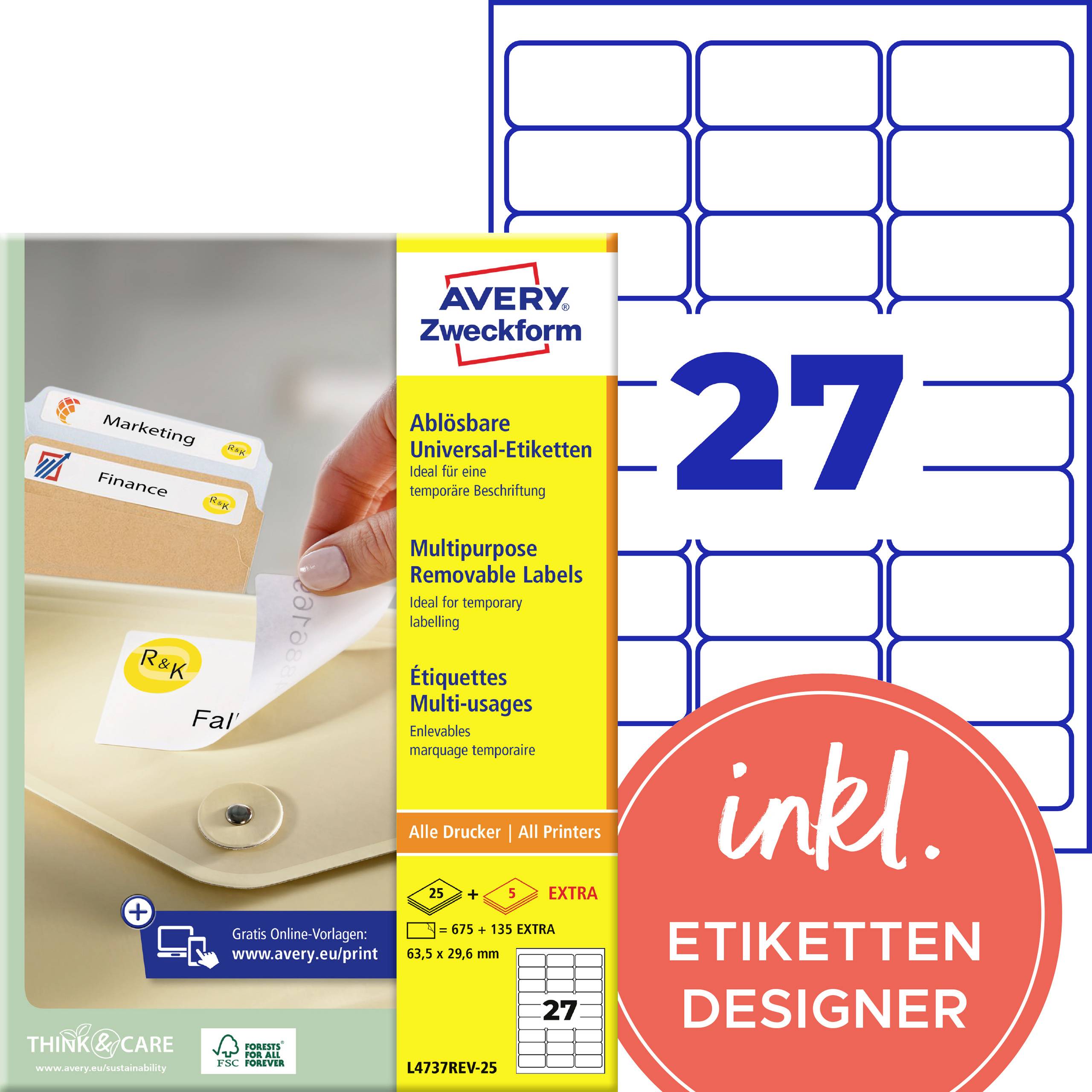 Avery Zweckform etikettpaket för 27 flyttbara flersyftade etiketter, med etikettdesigner inkluderad och en förhandsvisning av etikettark och filmappar.