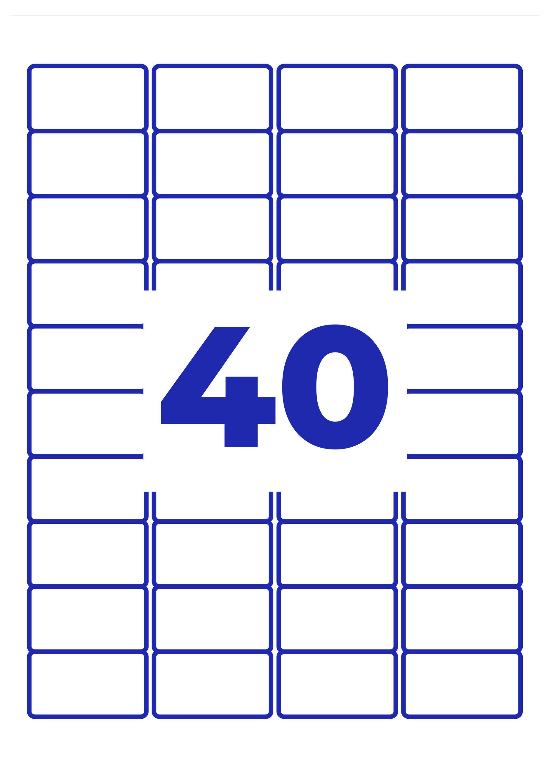 Blå etikett med stort nummer '40' i mitten, omgivet av ett rutnät av tomma, blå kantade fält.