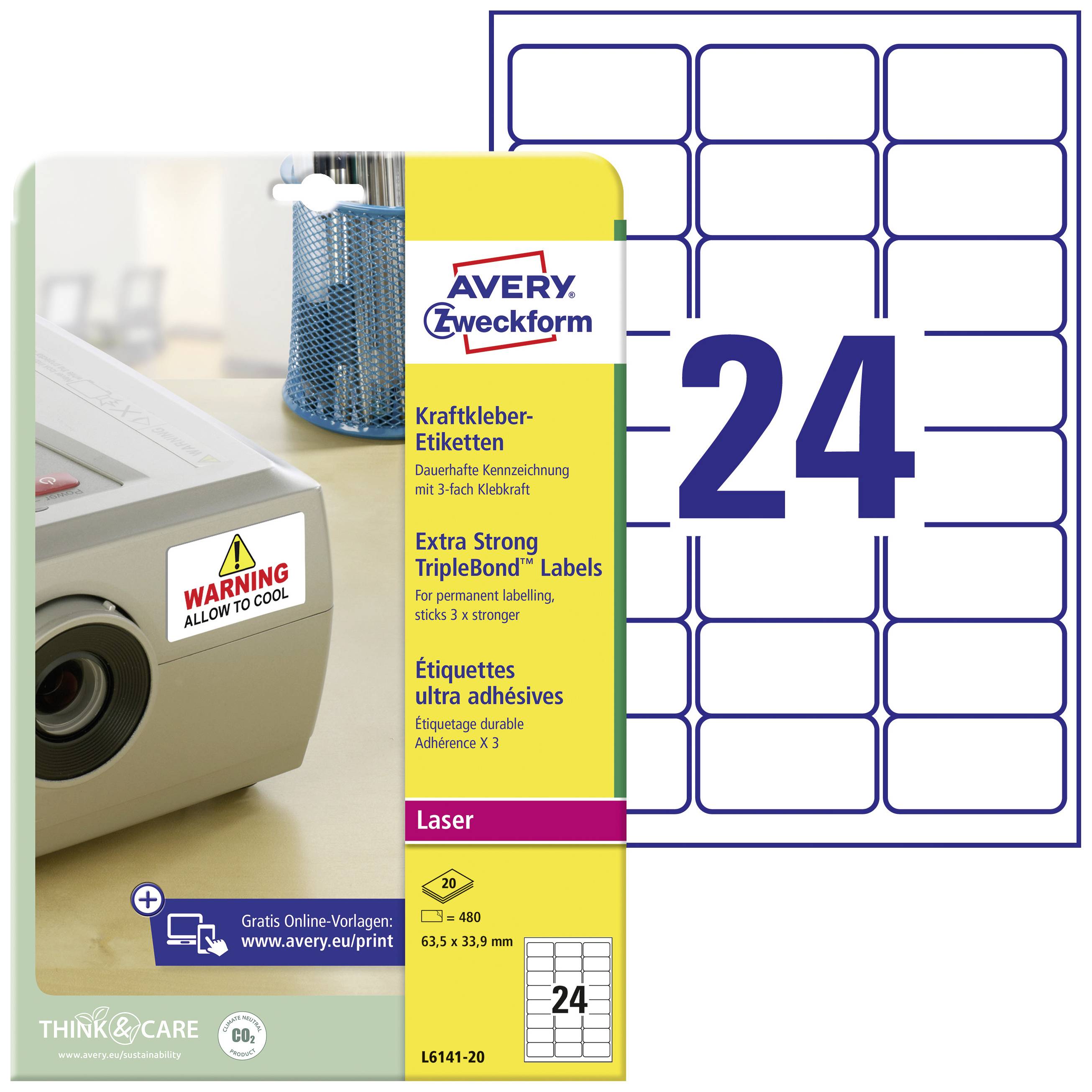 Avery-Zweckform L6141-20 Självhäftande etiketter 63.5 x 33.9 mm Polyesterfilm Vit 480 st Permanent Laser, färg, Laser, Färgkopiator, Kopiator, Färglaserskrivare