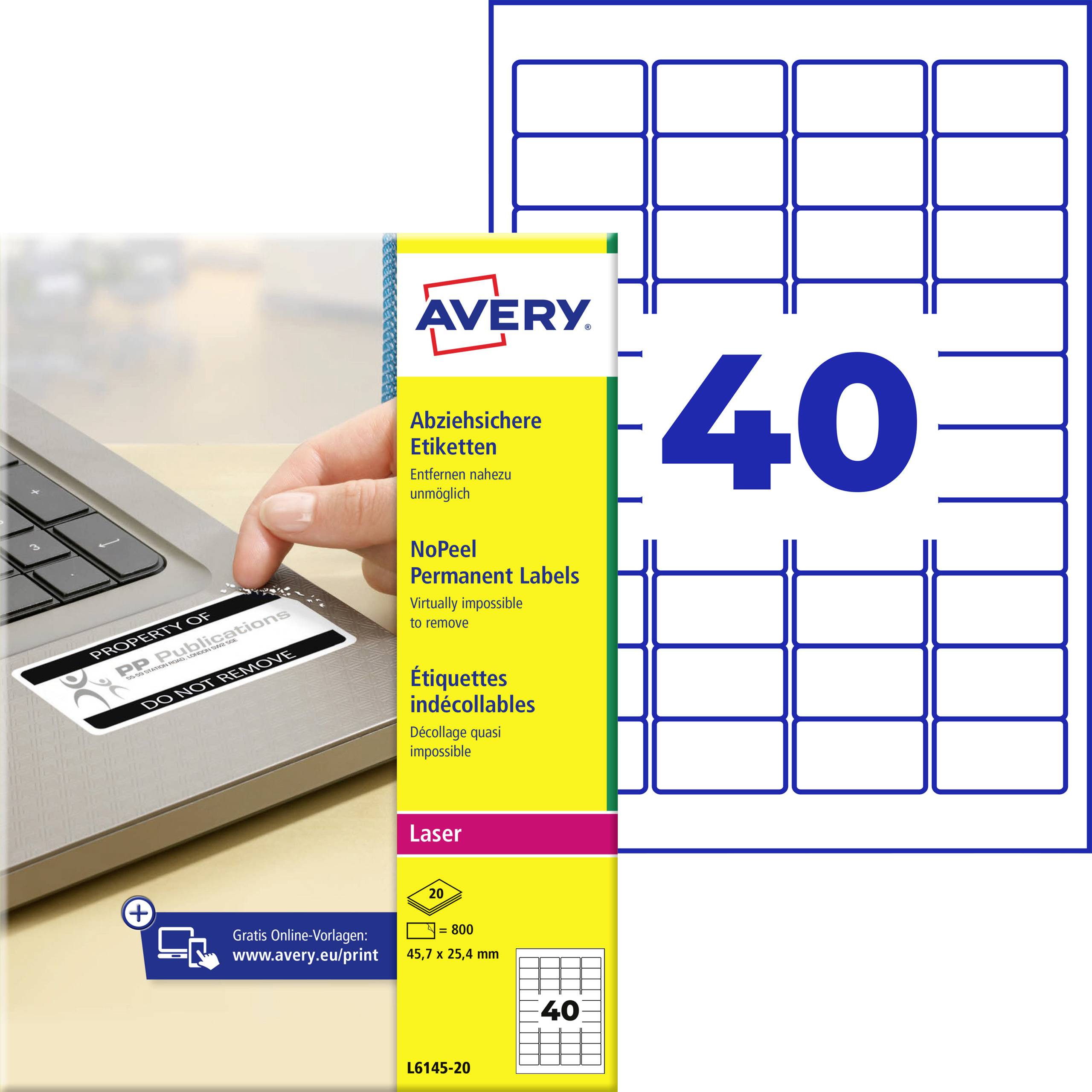 Avery permanenta etiketter visade bredvid en laptopklistermärke som håller på att dras av, med en stor arkutformning och "40" som anger 40 etiketter.