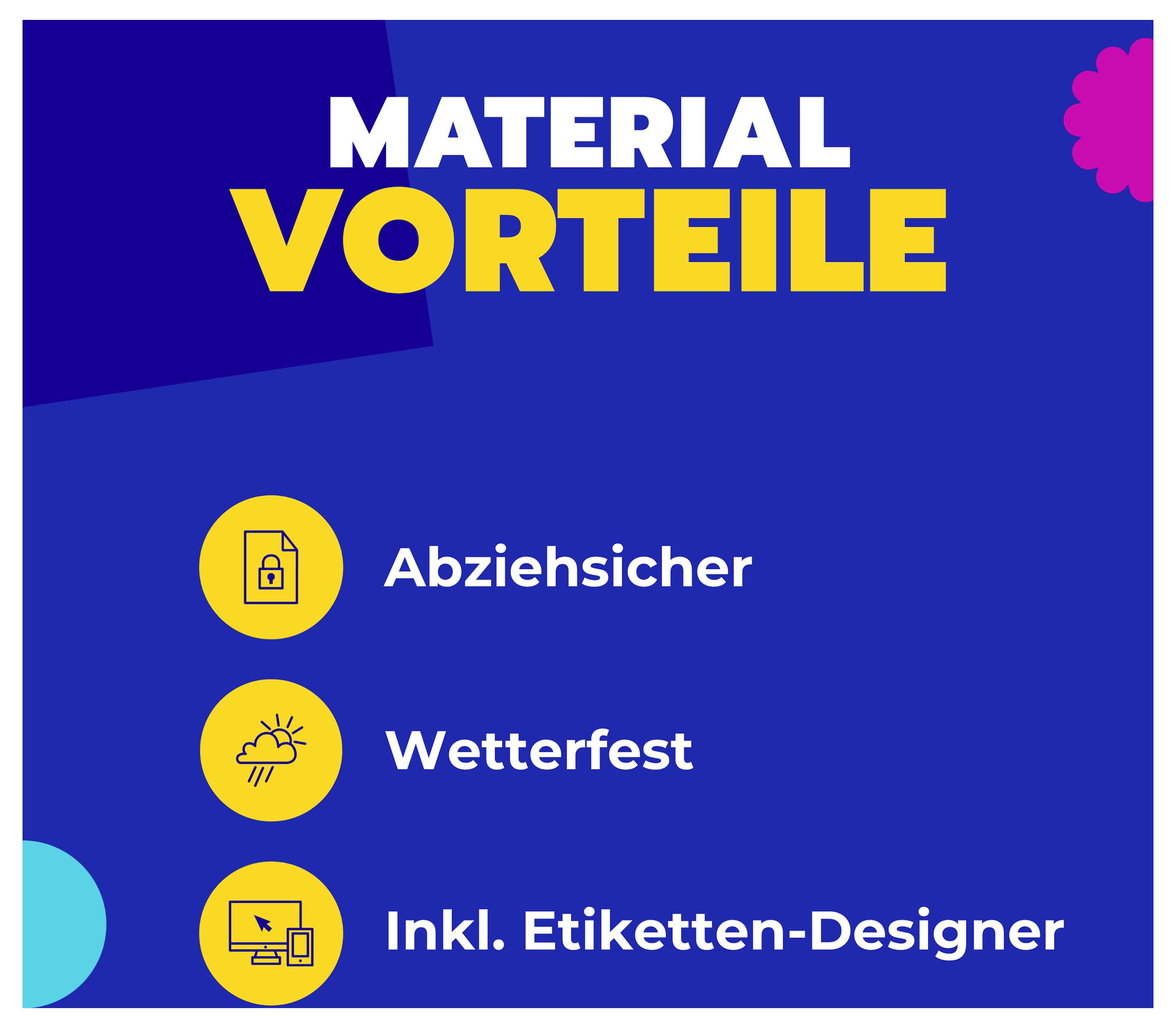 Infografik 'MATERIALFÖRDELAR' med tre punkter: 'Svårförfalskad', 'Vädertålig' och 'Inkl. Etikettdesigner'.