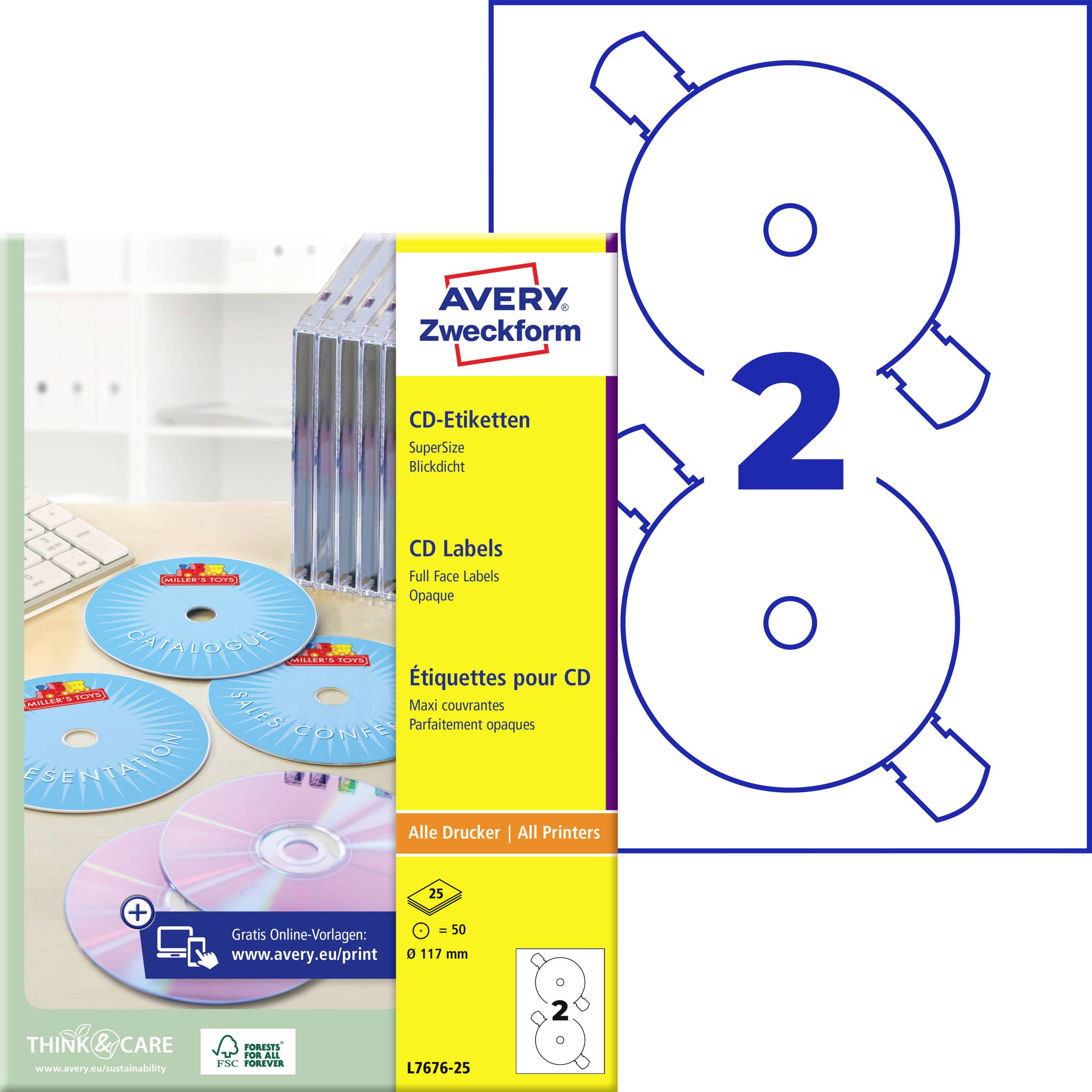 Avery Zweckform CD-etiketter paket med två cirkulära självadhesiva etiketter per ark, visade på en produktlåda och exempel märkta CD-skivor.