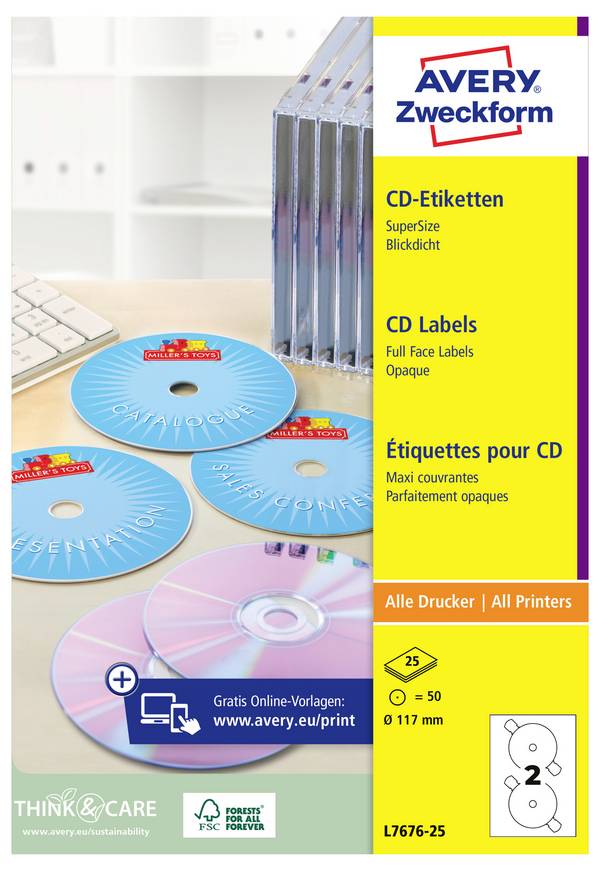 Avery-Zweckform L7676-25 CD-etiketter Ø 117 mm Papper Vit 50 st Permanent Bläckstråleskrivare, Laser, Laser, färg, Kopiator, Färgkopiator, Färglaserskrivare