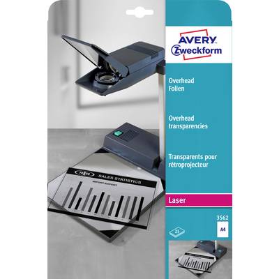 Avery Zweckform-paket för OH-transparanger och laserark, visar transparanger över en projektor och ett exempel på ett försäljningsstatistikark.
