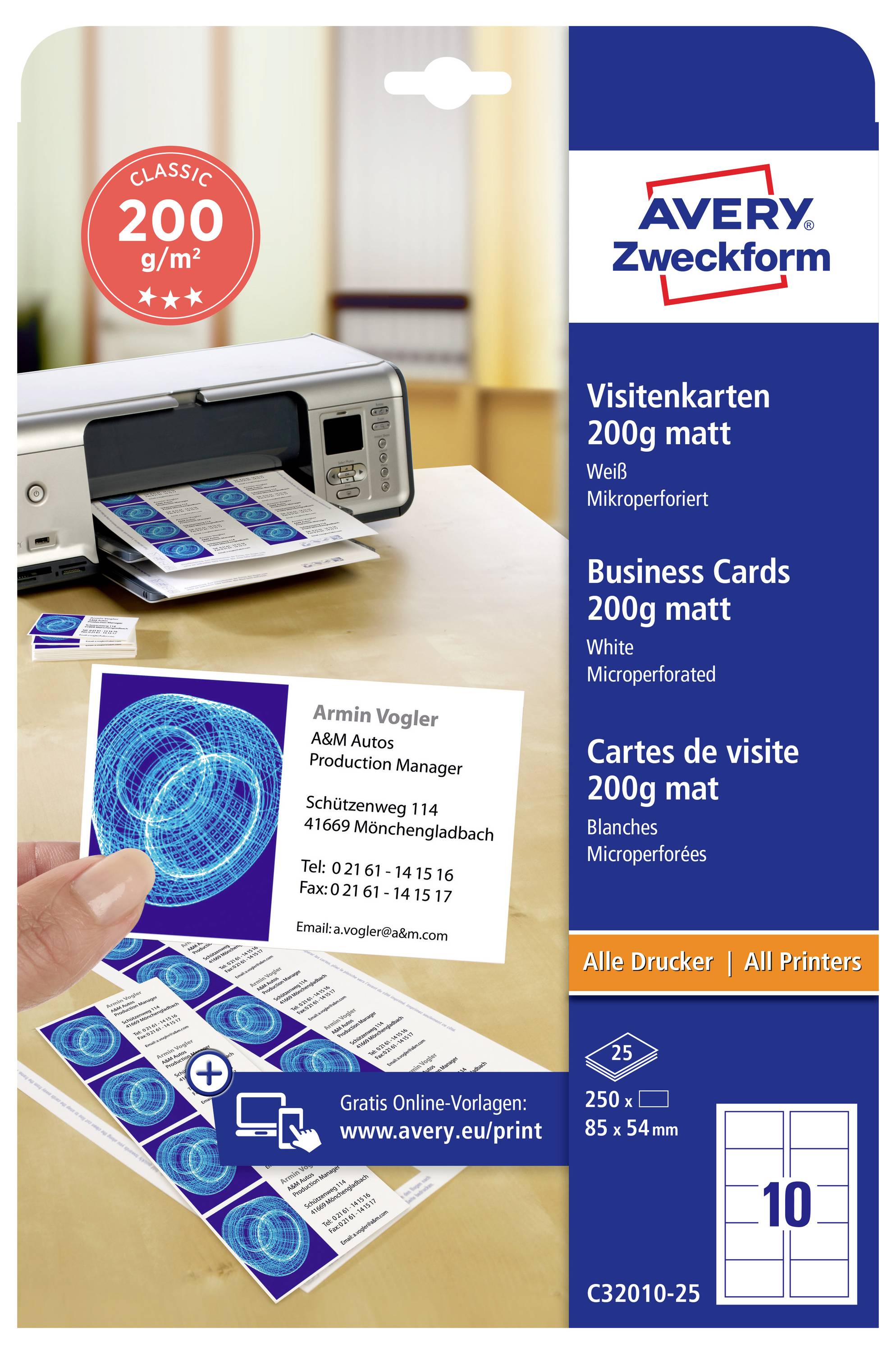 Avery Zweckform Visitenkort 200 g/m² matt, vit, mikroperforerad; bilden visar skrivare och förstansat kort i formatet 85 x 54 mm.