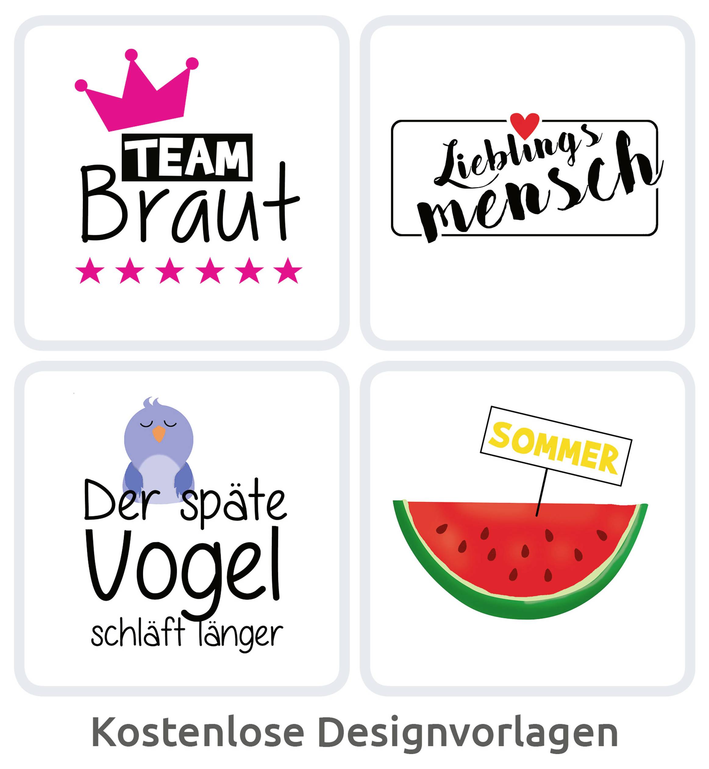 Fyra kvadratiska designmallar: 'TEAM Brud', 'Favoritperson', 'Den sen fågeln sover längre' och 'SOMMAR' över en vattenmelon; därunder 'Gratis designmallar'