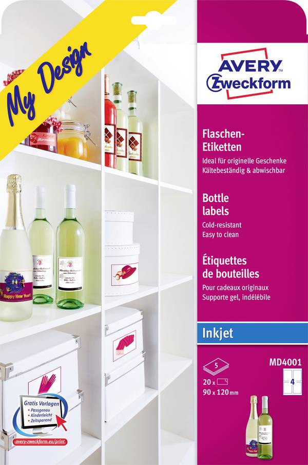 Avery-Zweckform MD4001 Flasketiketter 90 x 120 mm Papper Vit 20 st Permanent Bläckstråleskrivare
