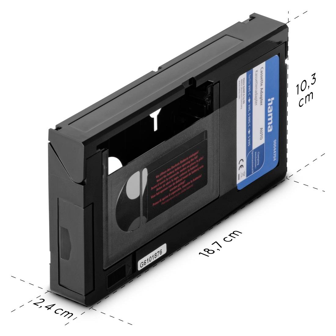 En svart VHS-kassettask med måtten 18,7 cm x 10,3 cm x 2,4 cm, märkt med en blå etikett från 'hama'.