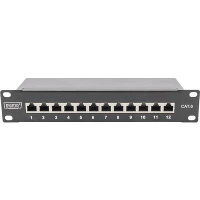 Ethernet-patchpanel med 12 RJ-45-portar i ett metallhölje, lämpligt för Cat-6-kabelanslutningar.