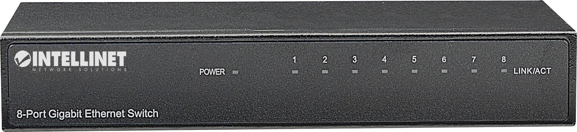 Svart 8-ports Gigabit Ethernet-switch med ström- och länk-LED-indikatorer på framsidan.