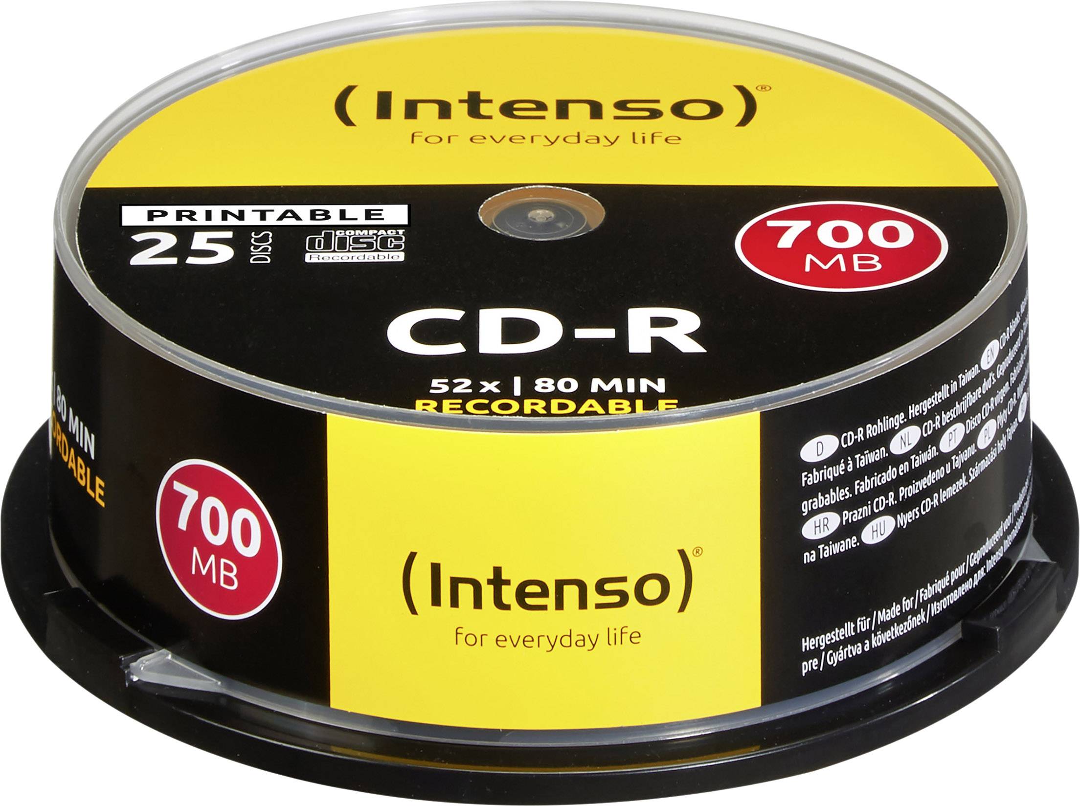 CD-R-spindel med 25 skivor, gul och svart etikett. Kapacitet: 700 MB, 80 minuter. Märke: Intenso. Lämplig för inspelningar.