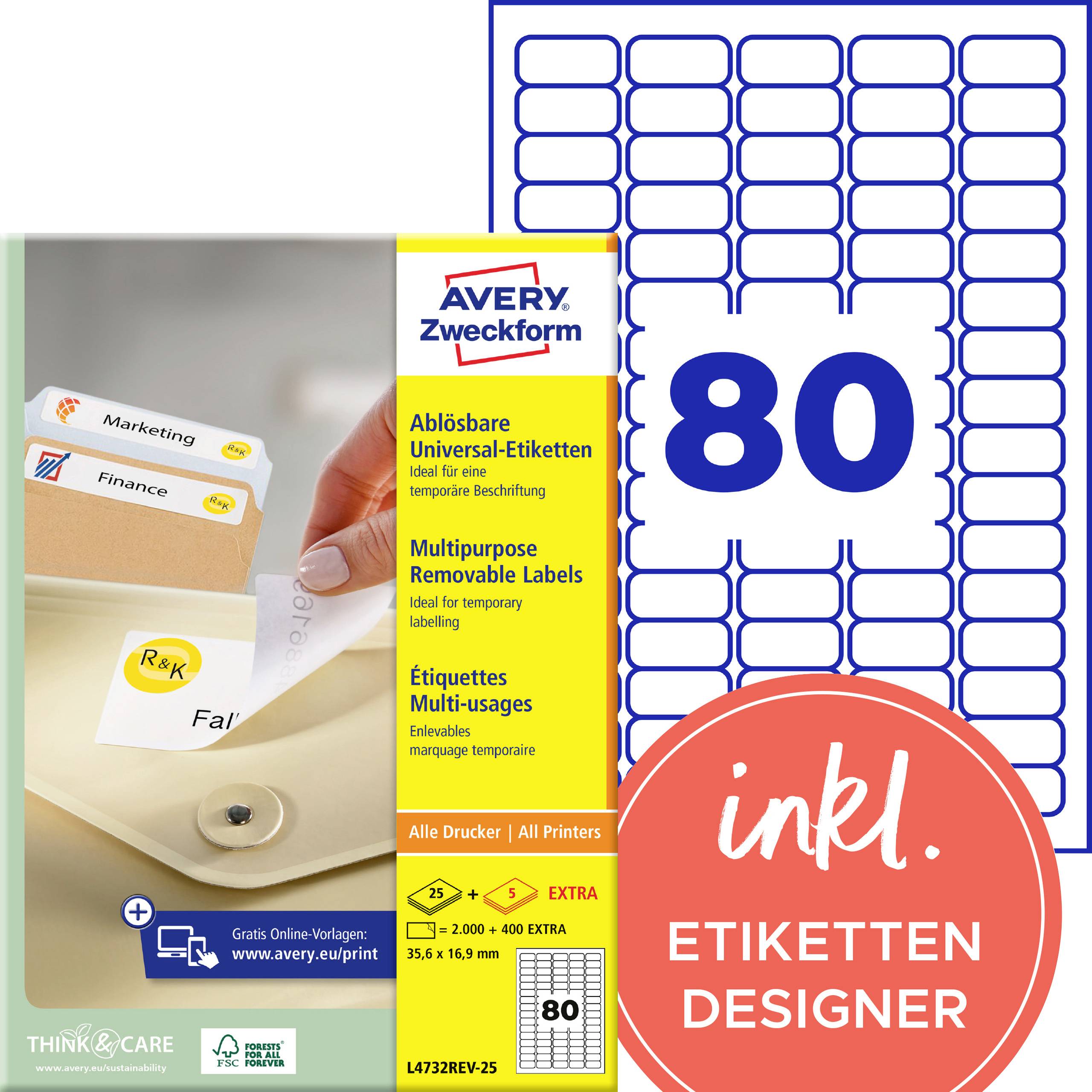 Avery Zweckform etikett-paket för 80 avtagbara allmänna etiketter, med 25 ark och inkluderad etikett-designer; produktfoto till vänster och etikett-rutnätförhandsvisning till höger.