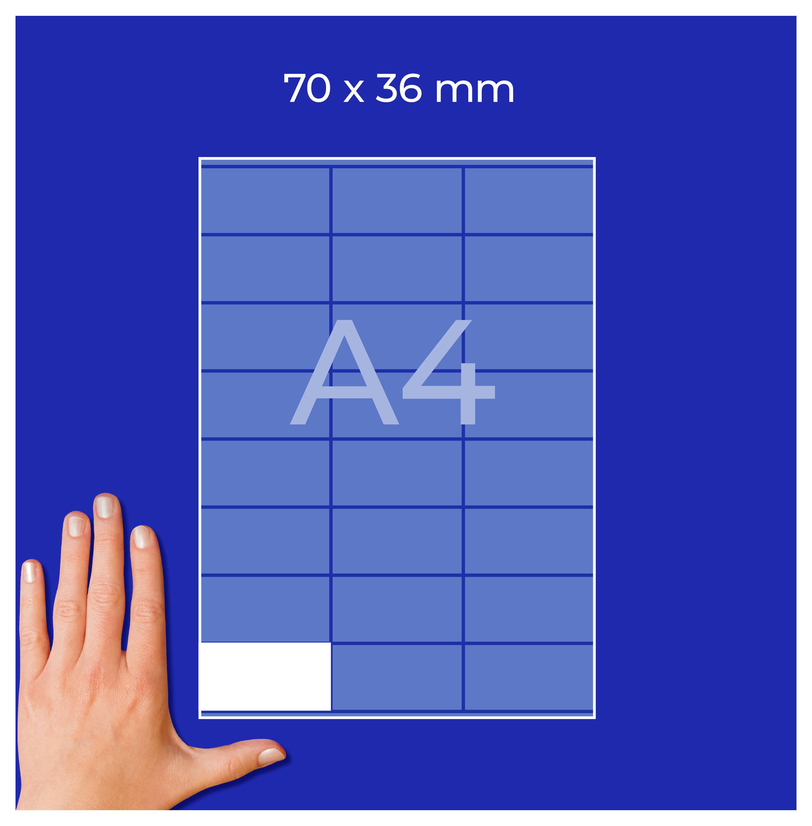 Grafisk framställning av en 70 x 36 mm stor A4-utsnitt; hand visar den små storleken jämfört med arket.