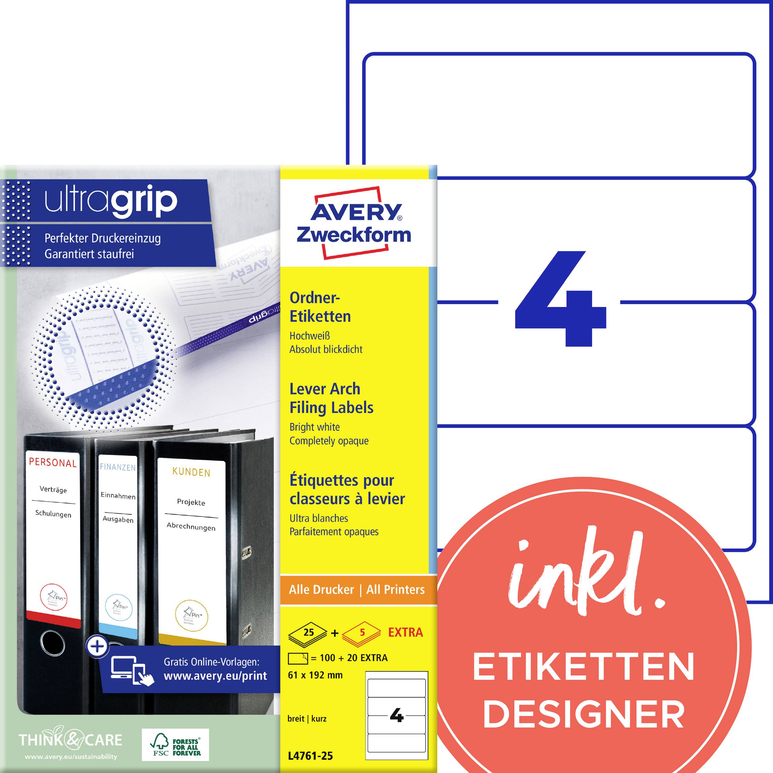 Produktbild av Avery Zweckform ultragrip spakhylleetiketter, förpackning med 25 ark, för alla skrivare, med inkluderad etikettdesigner.