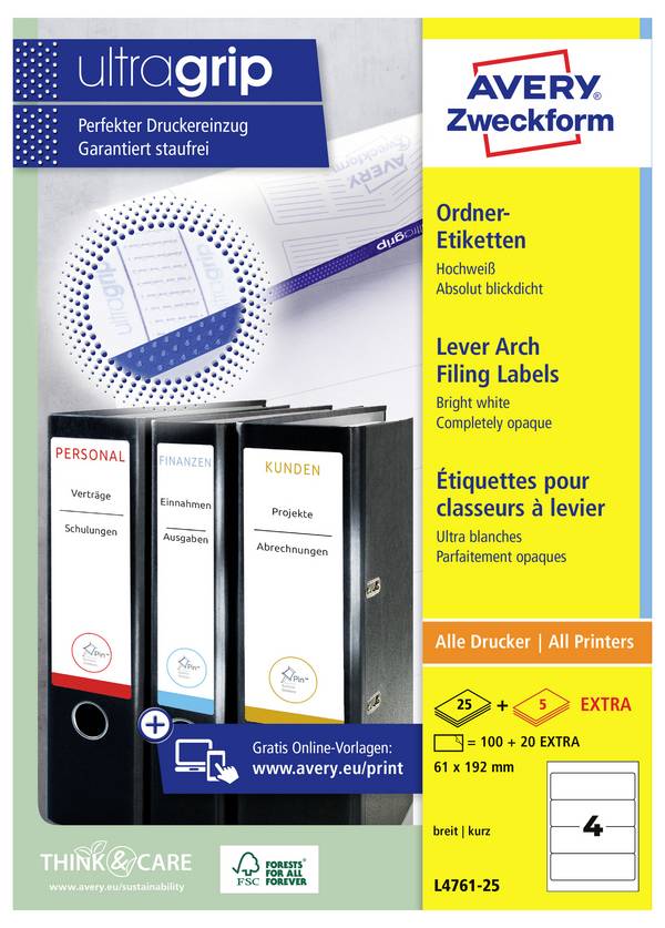 Avery-Zweckform Mappetiketter L4761-25 61 x 192 mm Papper Vit Permanent 120 st