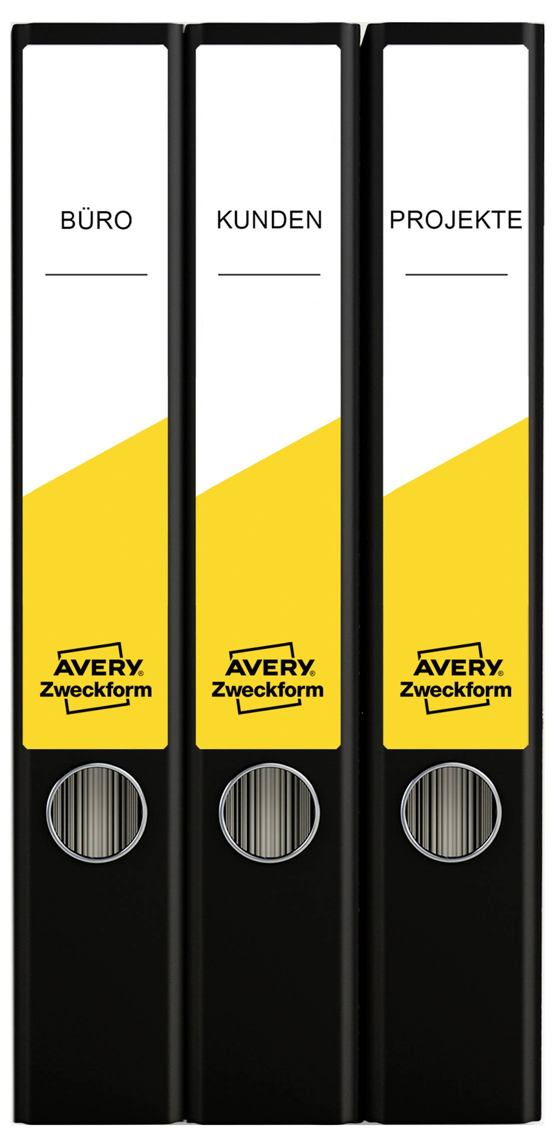 Tre svarta Leitz-mappar med etiketterna 'KONTOR', 'KUNDER' och 'PROJEKT' samt Avery Zweckform-logotyp längst ned.