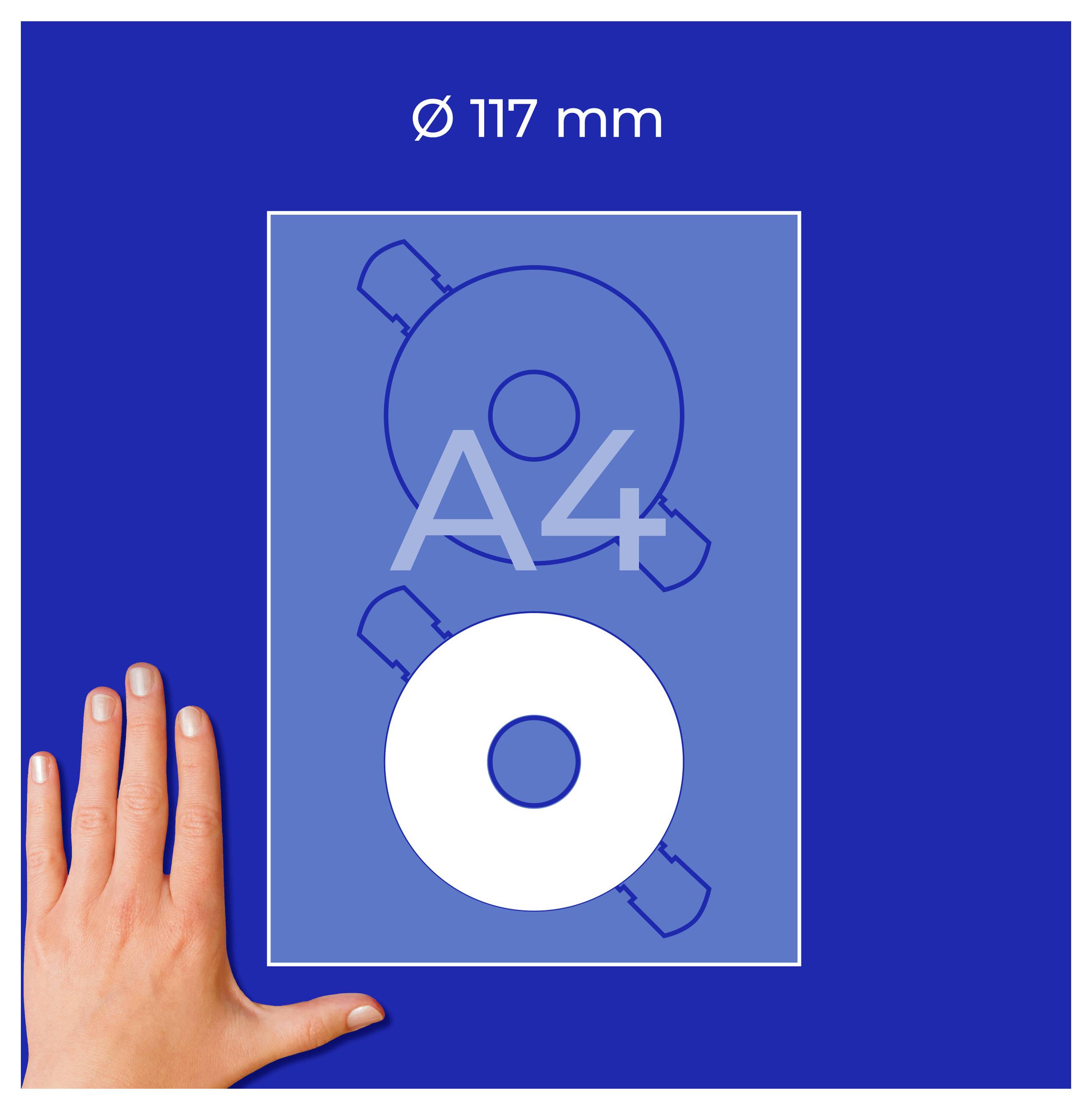 Grafik med jämförelse av A4- och CD-/DVD-format: högst upp "Ø 117 mm", nederst cirkulär skiva i en A4-rektangel; hand visar måttstocken.