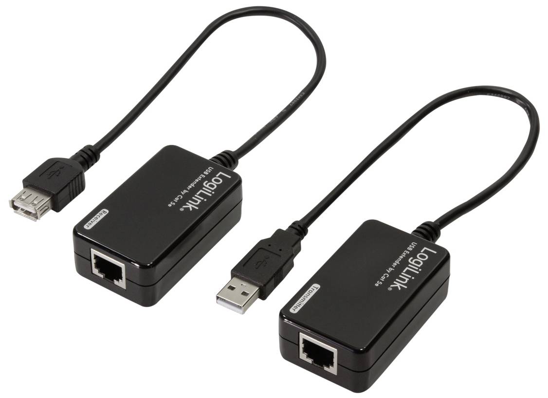 Två svarta adaptrar med USB- och Ethernet-anslutningar, förbundna via kabel. Märkning 'LogiLink' på båda enheterna.