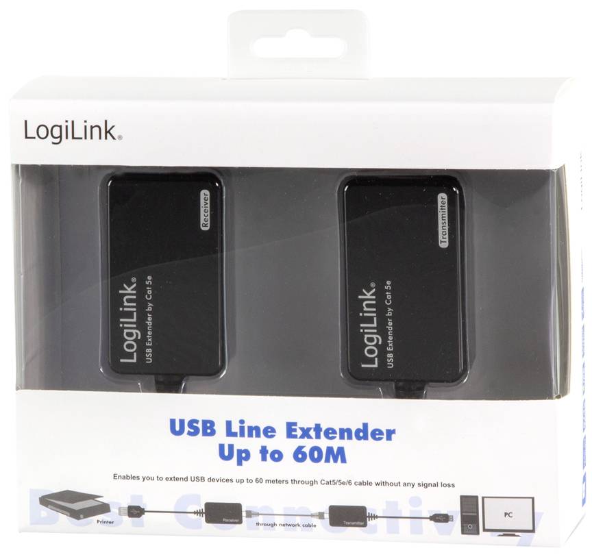 Förpackning för en USB-Line-Extender från LogiLink, bestående av två enheter som förlänger USB-signaler över Cat5e/6-kabel upp till 60 meter.