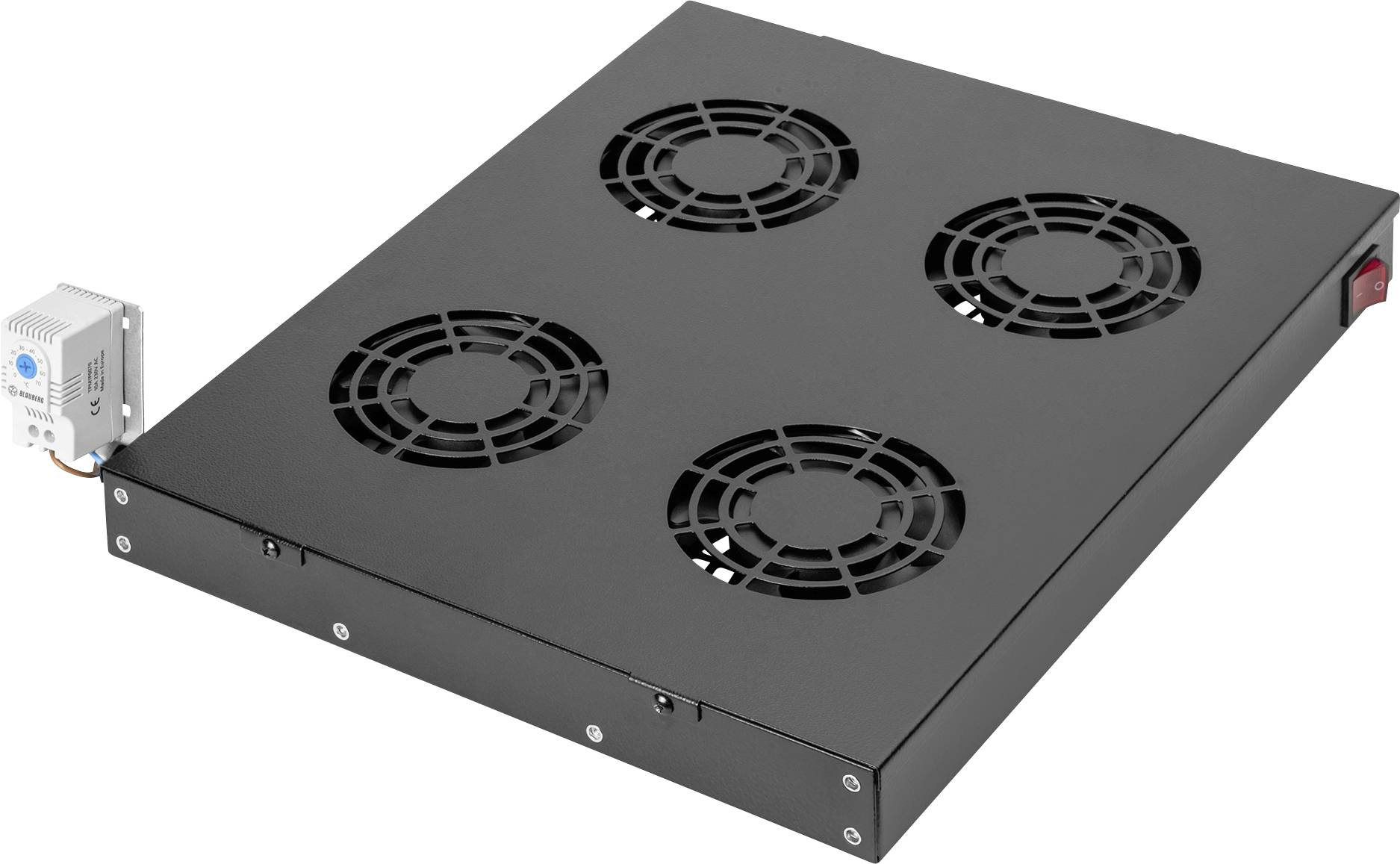 En svart metallkylningsfläktpanel med fyra cirkulära fläktar, utformad för ventilation i elektroniska enheter eller serverracks.