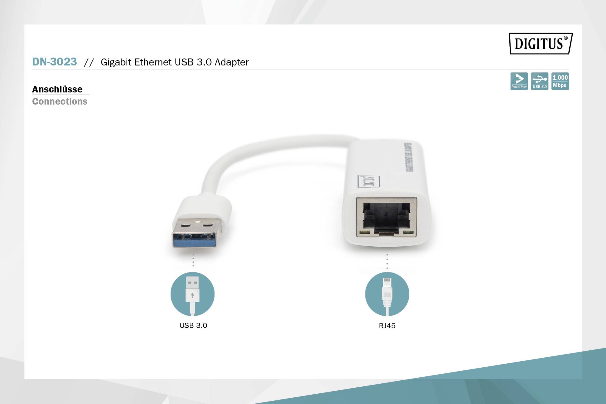 'Gigabit Ethernet USB 3.0-adapter DN-3023' med anslutningar: USB 3.0 och RJ45, lämplig för snabba nätverksanslutningar.