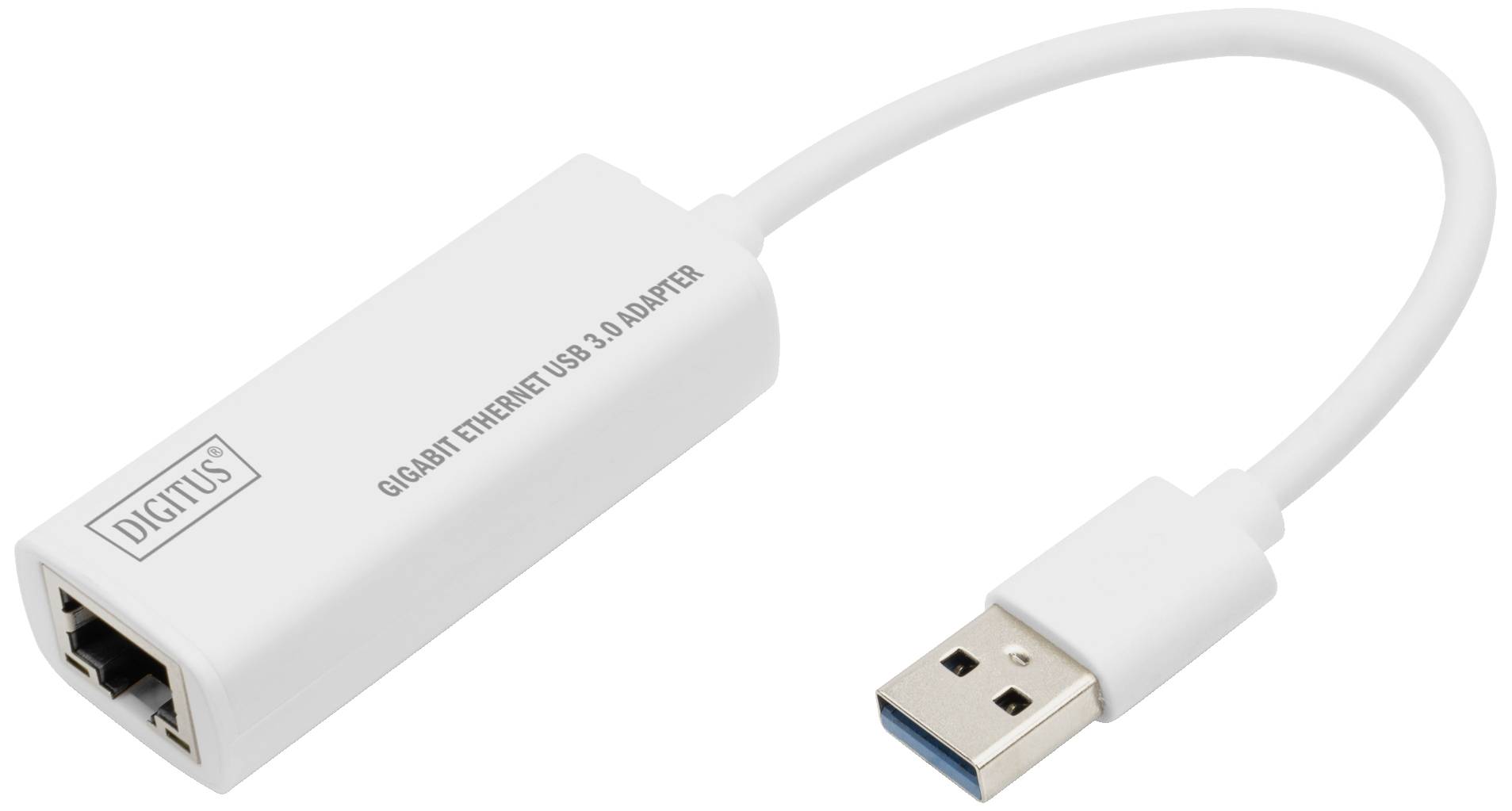 En vit Gigabit Ethernet USB 3.0-adapter med USB-anslutning och Ethernet-port, lämplig för att ansluta en enhet till ett nätverk.