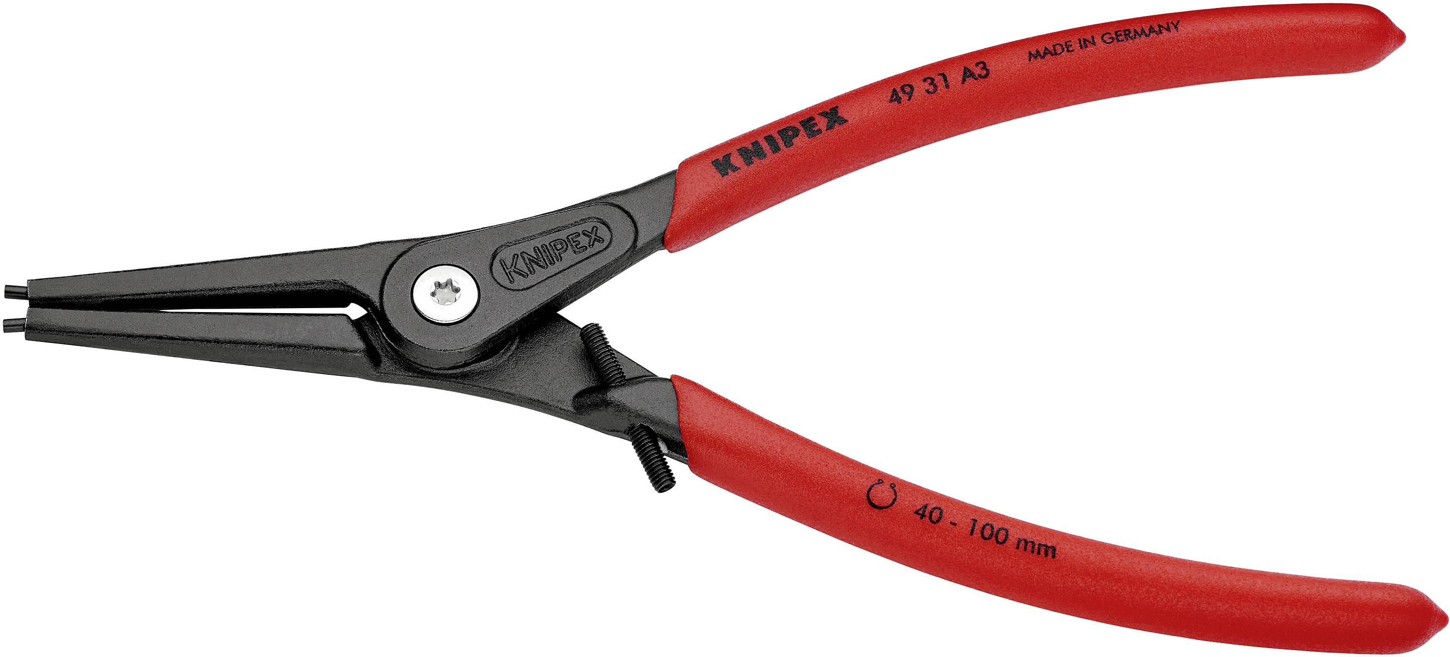 Röd låsringstång från Knipex, modell 49 31 A3. Lämplig för låsringar från 40 till 100 mm, 'Made in Germany'.