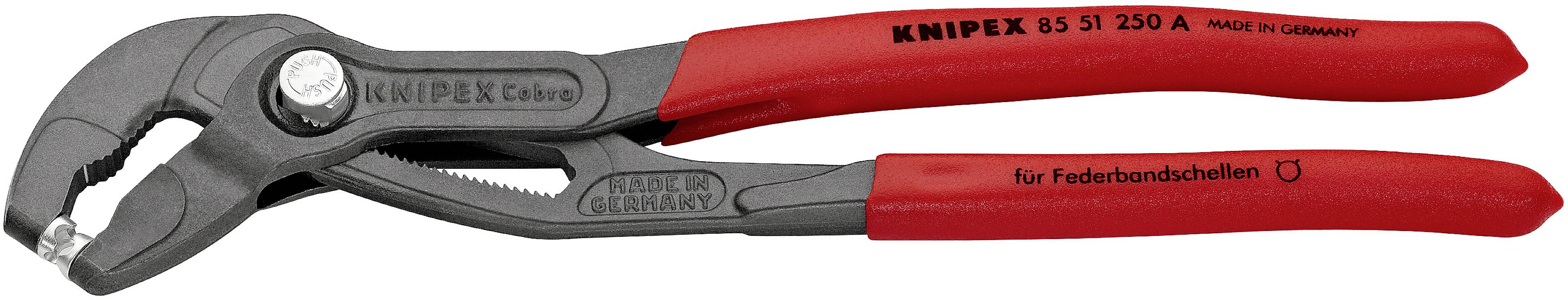Tång med röda handtag, specialdesignad för att lossa fjäderbandklämmor. Märkt 'Knipex GS 51 250 A, Made in Germany'.