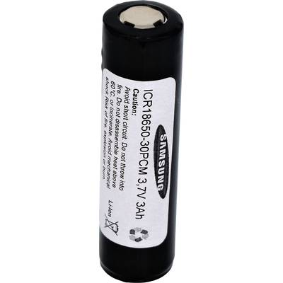 En cylindrisk, uppladdningsbar Samsung-ackumulator märkt 'ICR18650-30DPCM, 3.7V 3Ah'.