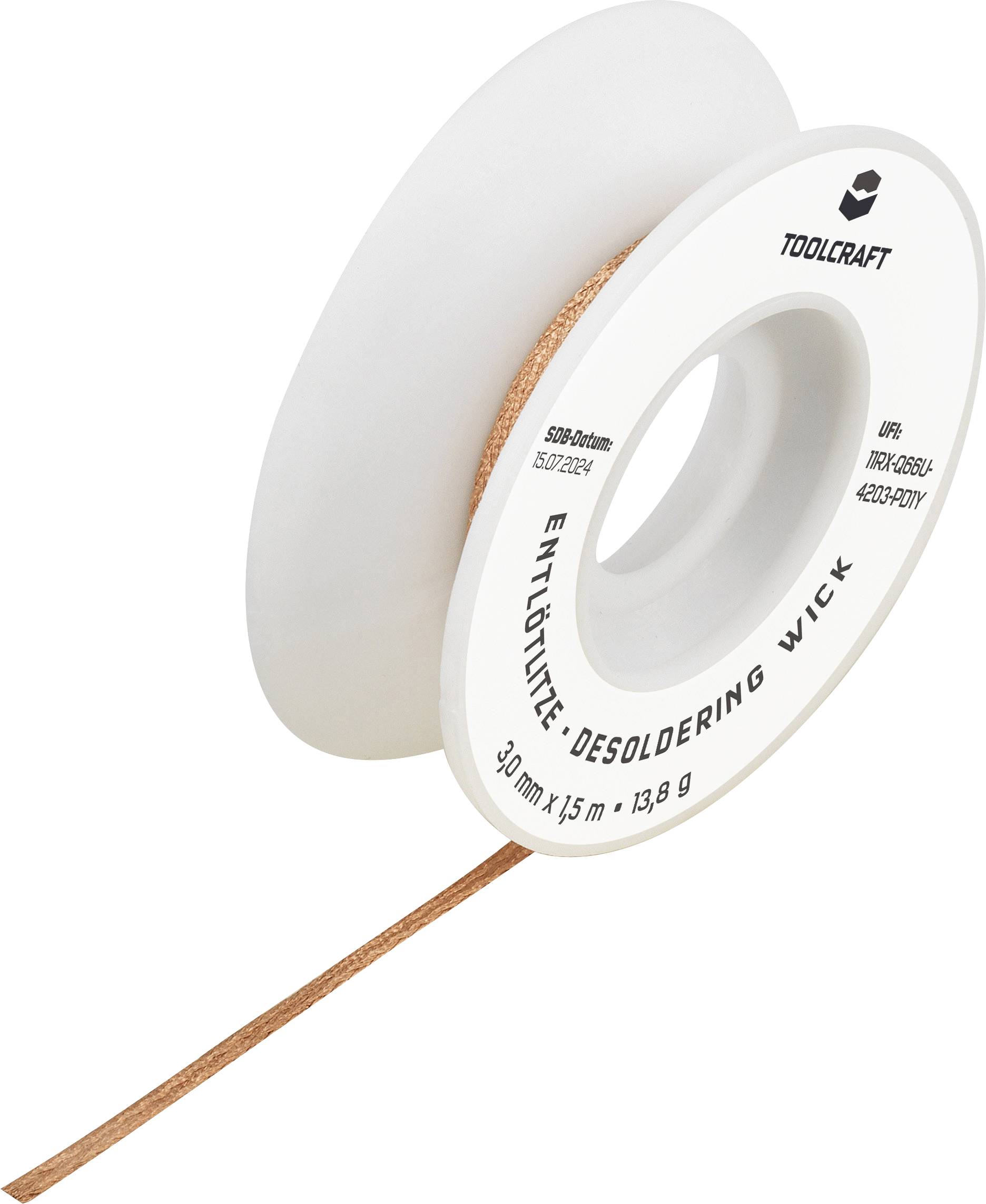 Avlödningstråd på en rulle, märke TOOLCRAFT, 30 m längd, 1,5 mm bredd, vikt 13,8 g. Kabeln går ut från rullfkanten.