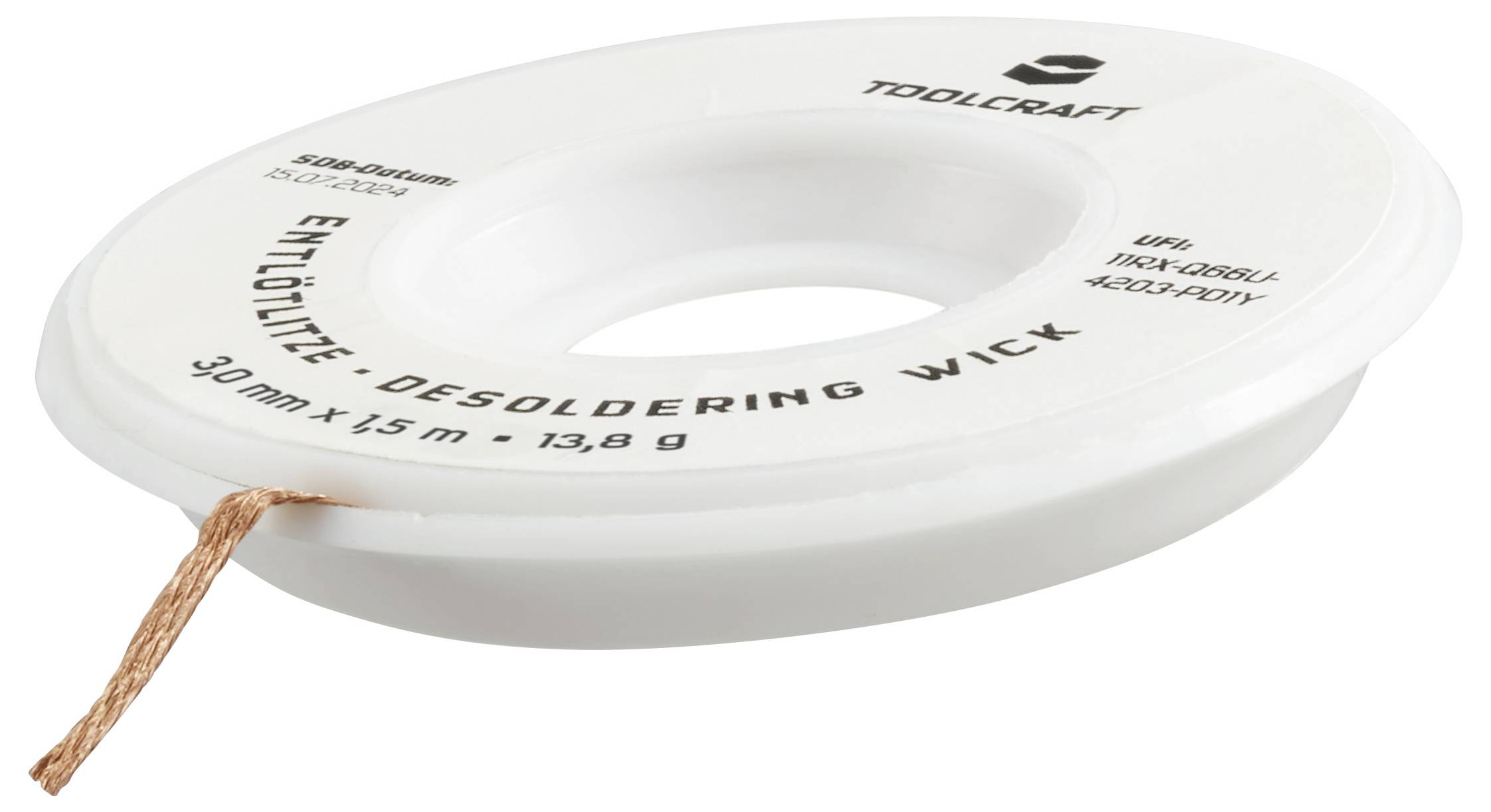 Avlägsna överskottslödmaterial med lödsuglitsen från Toolcraft. På förpackningen står det 'Lödsuglits' och mått: 3,0 mm x 1,5 m.