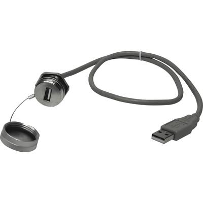 'En grå USB-kabel med en anslutningskontakt, skyddad av ett metalllock, sannolikt avsedd för användning i industriella miljöer.'