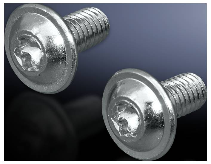 Två silvergrå skruvar med Torx-huvud på mörk bakgrund, var och en med gänga och plan undersida.