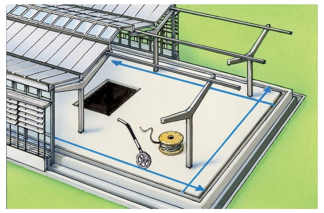 Ett diagram visar en takyta med tre metallstöttepelare och en kabelrulle. Blå pilar anger mätningar av utrymmet.