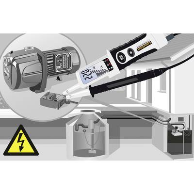 Elektroteknisk illustration visar en strömflödesmätare som används på en pump i ett hus; varningstriangel med blixtsymbol.